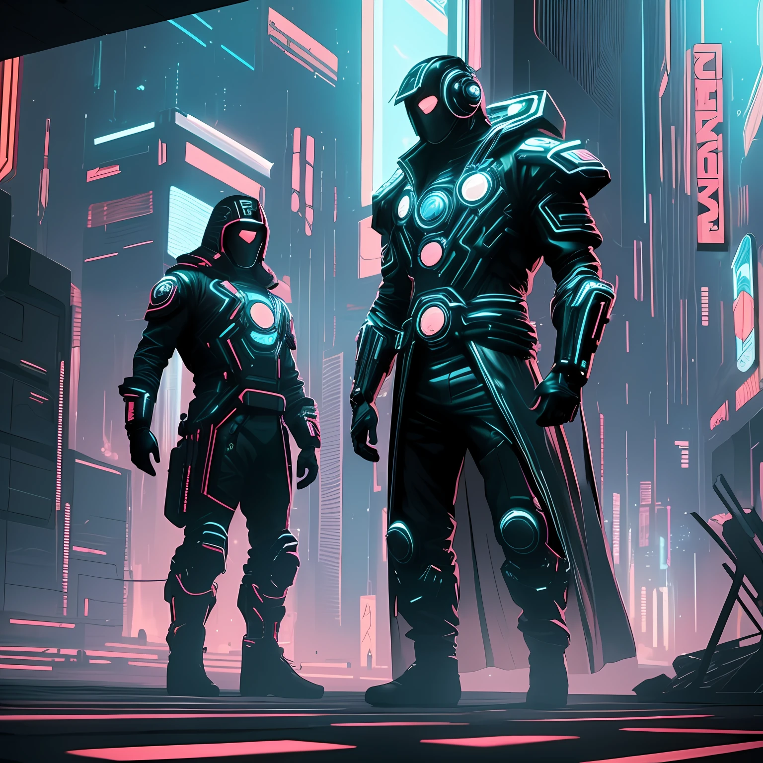 (best quality:1.3), (best performance:1.2), (best illustration:1.2), (Comic style:1.2), (artistic cinematic lighting:1.2) (1man) wearing futuristic technological Cyberpunk electronic robes, his body is covered by metallic parts, in a cinematic horror movie background in a futuristic Cyberpunk city.