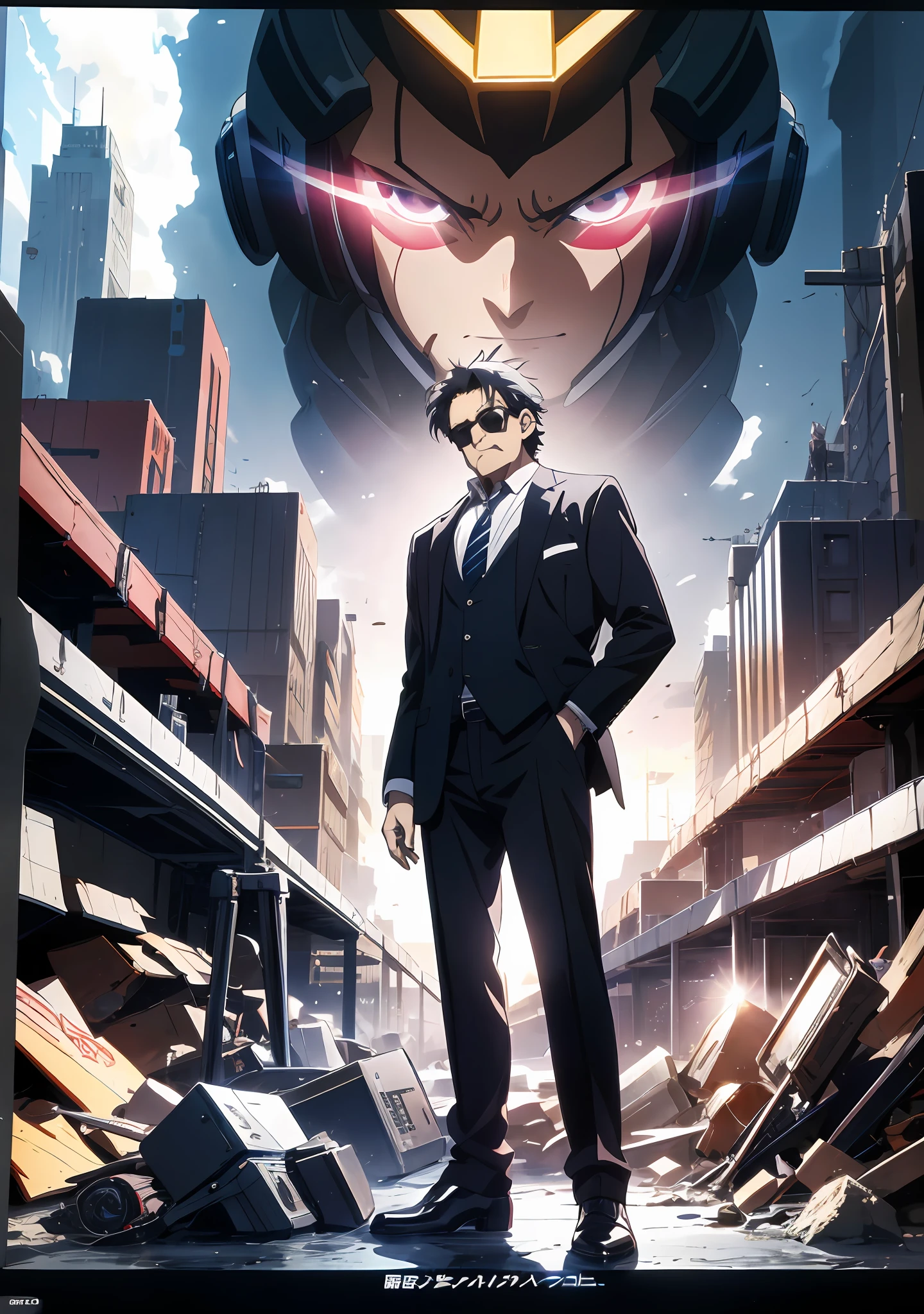 A middle-aged man in a suit and sunglasses stands in front of the computer, official anime key visuals, high detail official artwork, official anime artwork, young anime people, anime key visual concepts, anime key visuals", epic anime style, official character art, official illustrations