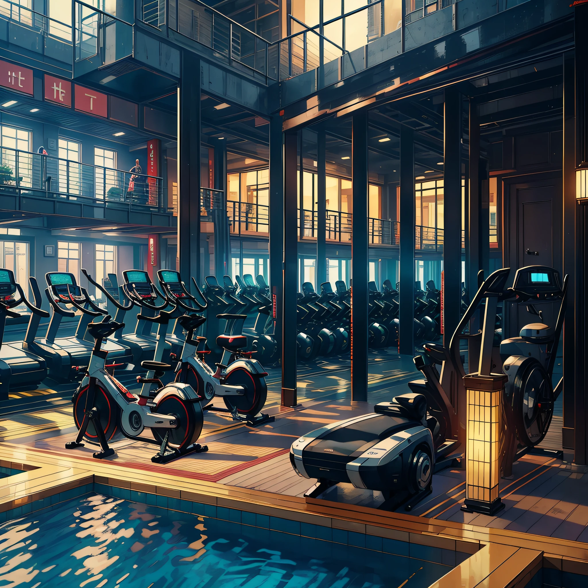 ((Masterpiece)), ((Best Quality)), 8K, HD ((Hotel Gym 1.5))(Japan Bustling City 1.4)(Hotel Front Desk)(Building)(Closed Room 1.5)