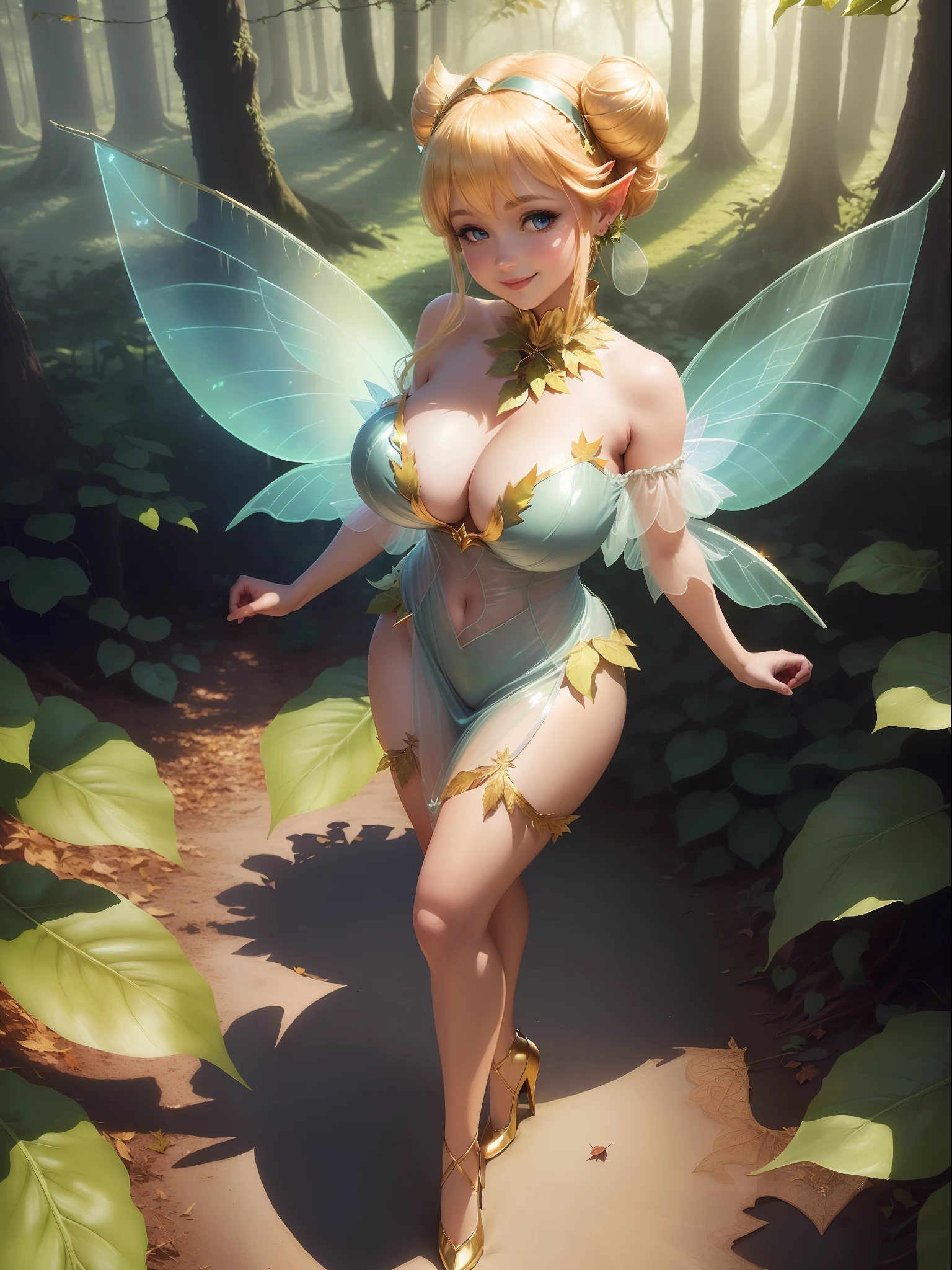 (Full body photo:1.5), (One/TinkerBellWaifu/Woman/with transparent fairy wings:1.5), (Big breasts:1.7), (Wearing costume made of leaves:1.5), (Looking at the viewer/smiling:1.3), (She's inside a magical castle in a magical forest:1.3), (She has fulfilled blonde hair fastened with leaf clip: 1.4), (dark blue eyes: 1.4), (extremely tight/short costume: 1.7), (doing sexy standing poses: 1.2), (award-winning, UHD, anime, high detail, 16k, high quality, masterpiece)