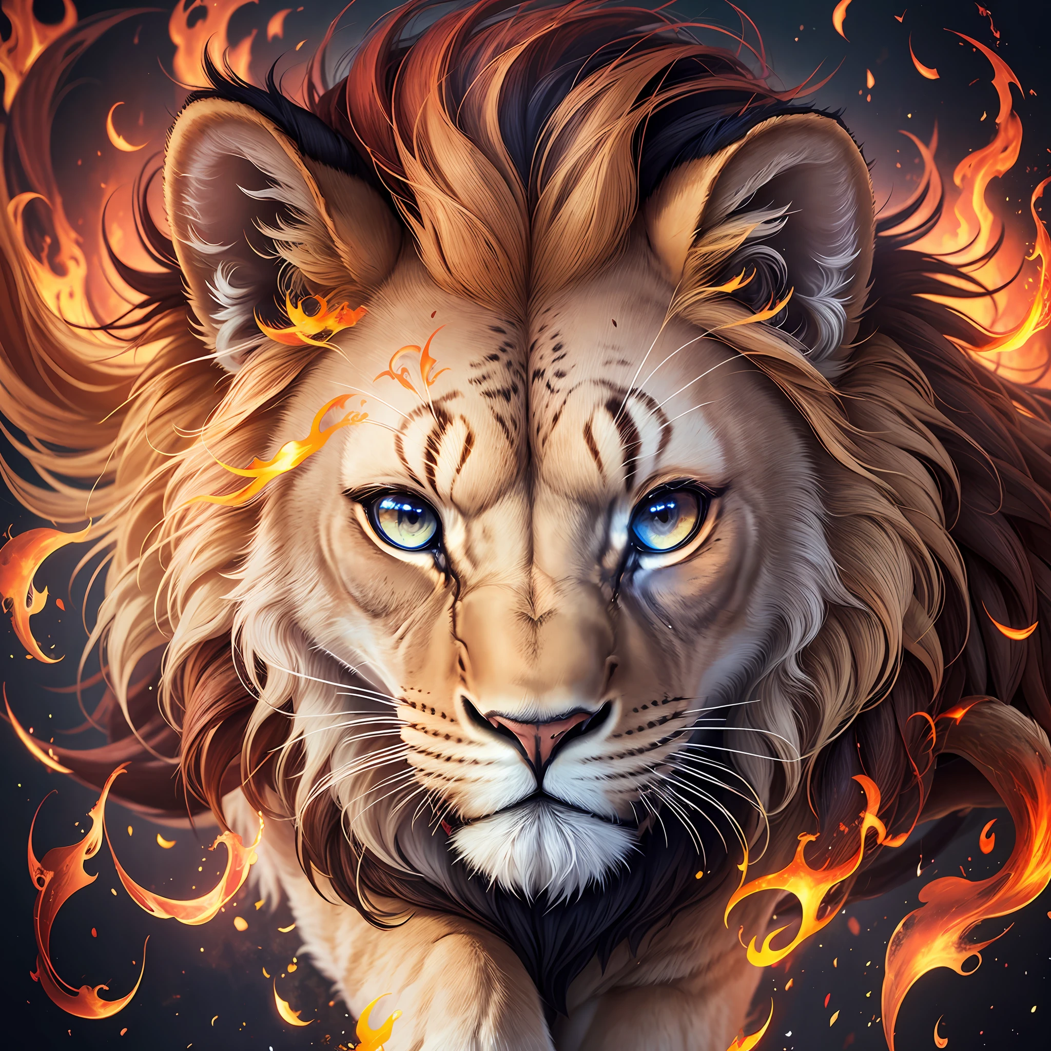 lion, fire, galaxy, 8k, eyes of fire, cub