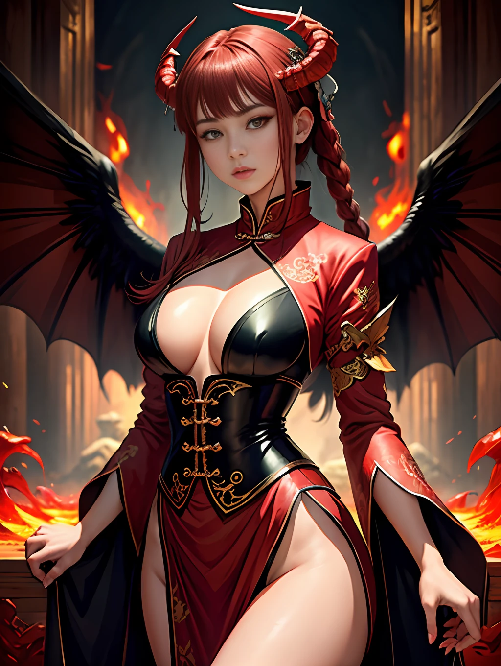 RAW 16k ultra HD vivid colors masterpiece ultra resolution, a woman, demon, with, wings, red chinese clothing, light brown eyes, large chest type V, scenery hell