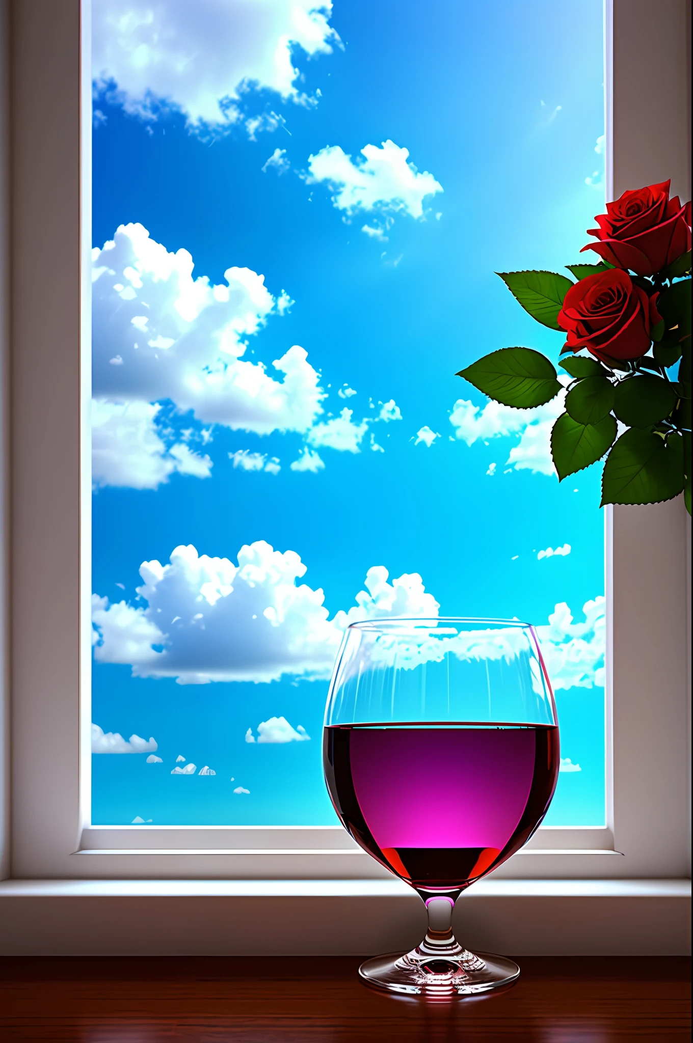 A glass of crystal, red wine, green roses, colorful, blue sky and white clouds, by the window, sunlight coming in, many details, high quality, 8k