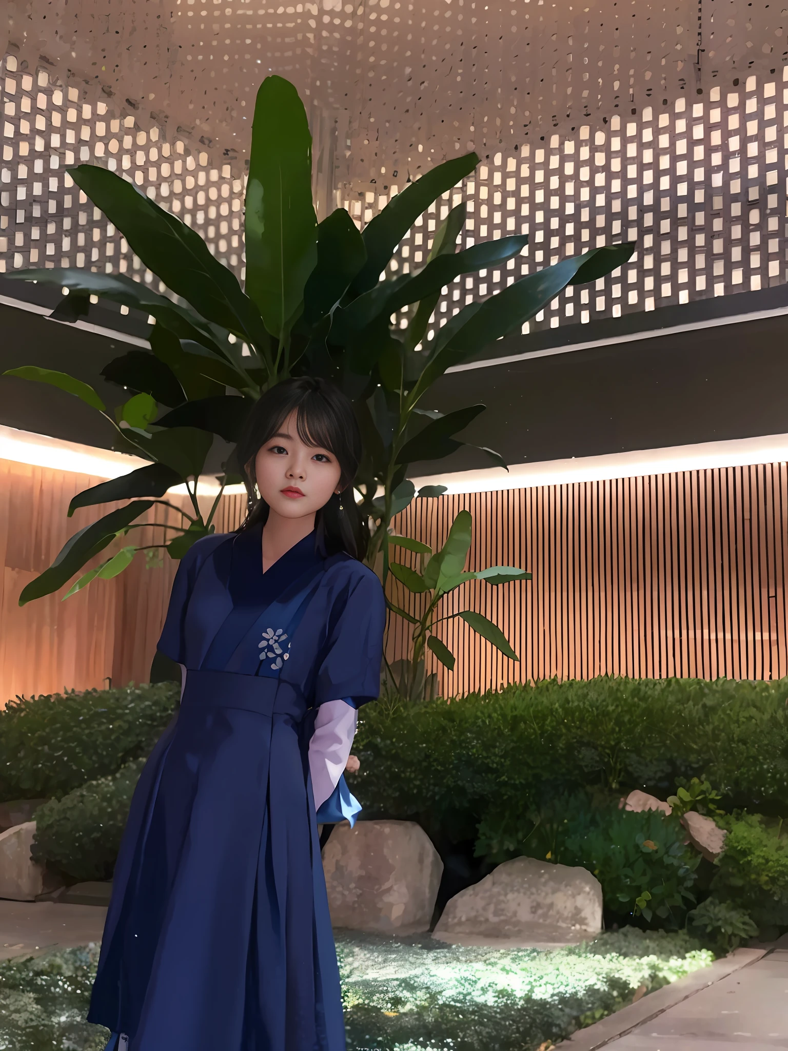 arafed woman in a blue dress standing in a courtyard, in a blue qipao, inspired by Ma Yuanyu, wearing a blue qipao dress, appearing in a shopping mall, xintong chen, with acient chinese clothes, inspired by Cheng Jiasui, wearing japanese school uniform, full body xianxia, wearing headmistress uniform