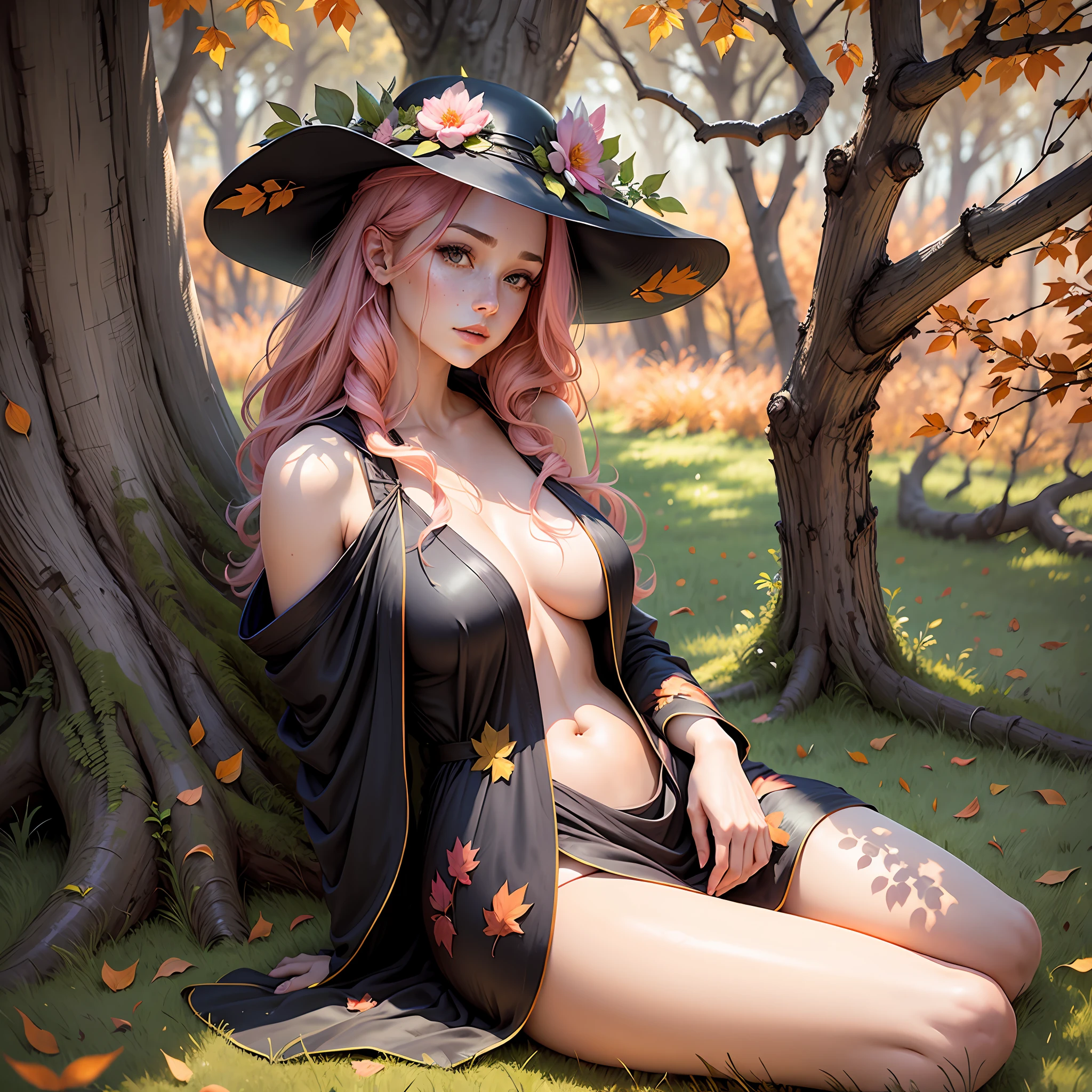 Beautiful woman sitting on grass, naked, pink meadow, wearing black robe, cleavage visible, trees, orange leaves, wind, hair and grass flowing, symmetrical face, freckles, --auto --s2