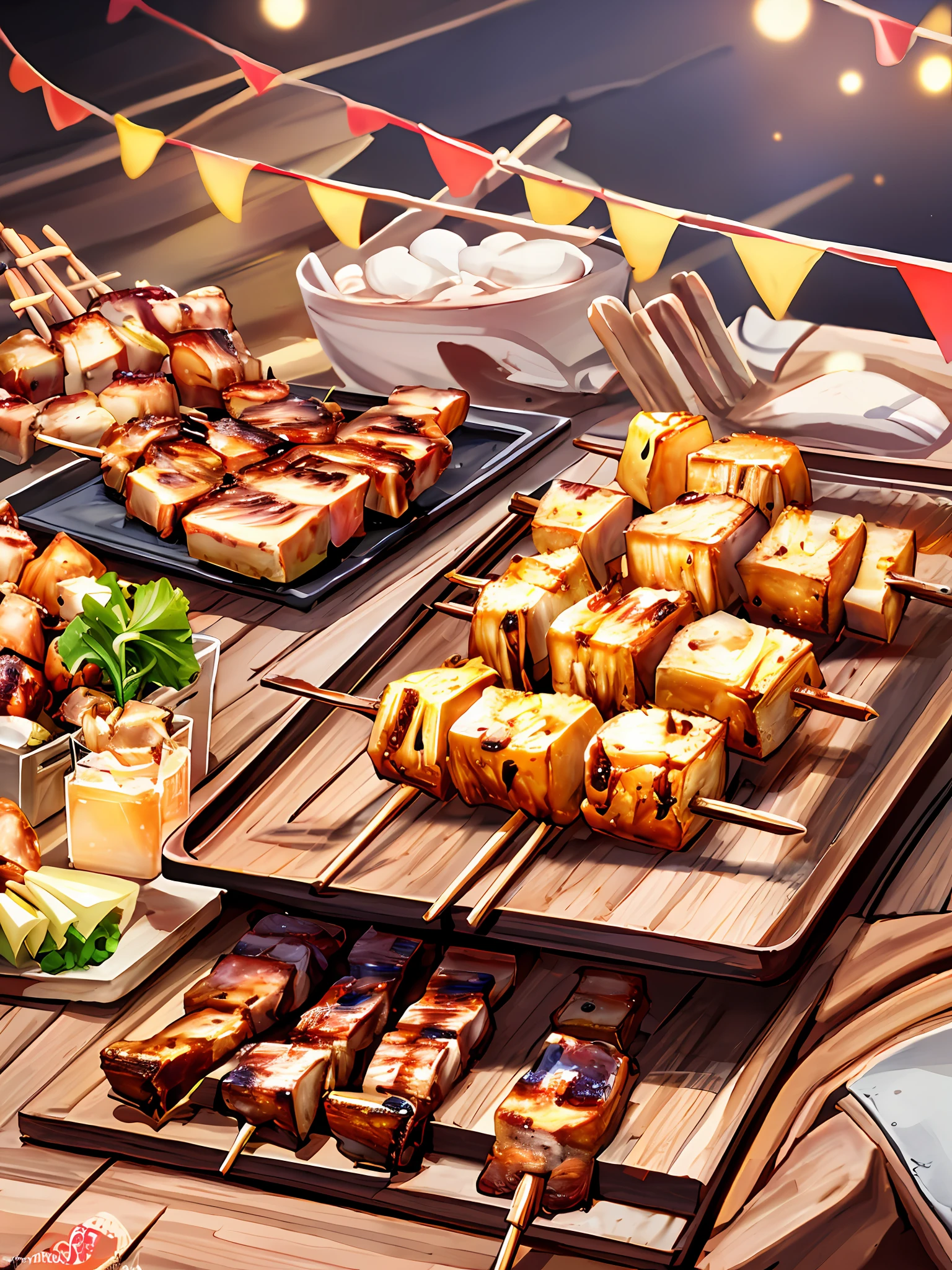 Grilled skewers, BBQ, food illustration, high detail, soft light, delicious, colorful, beautiful, studio lighting, trend