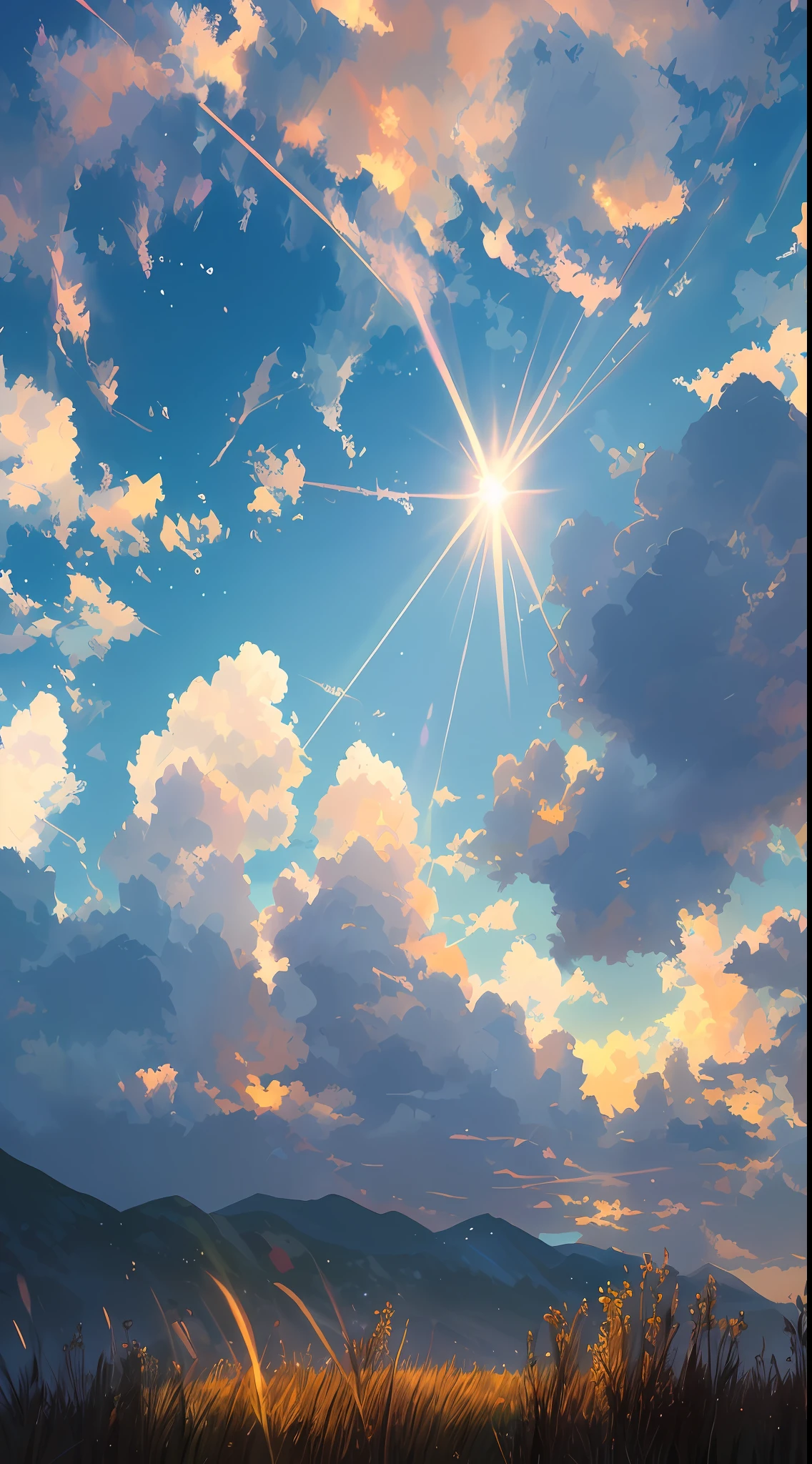 anime scenery of a field with a sun and mountains in the background, cosmic skies. by makoto shinkai, detailed scenery —width 672, beautifull puffy clouds. anime, beautiful anime scene, anime background art, ( ( makoto shinkai ) ), beautiful anime scenery, anime landscape wallpaper, anime sky, style of makoto shinkai