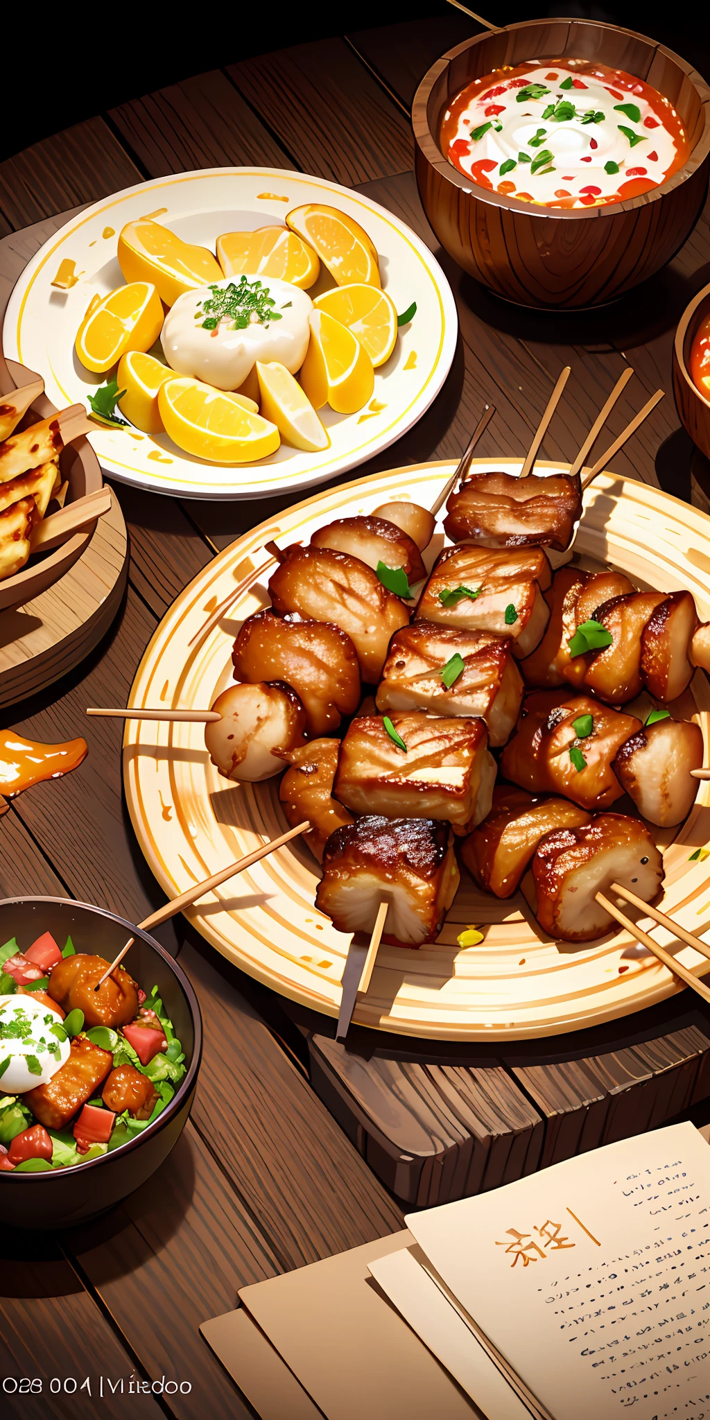 an amazing photo of delicious juicy fried skewers, food photography, gourmet, steaming, top-down view, wooden table with natural deco and fabric, garnish on the table, intricate detail, 8k resolution, studio light, Michelin art kitchen style