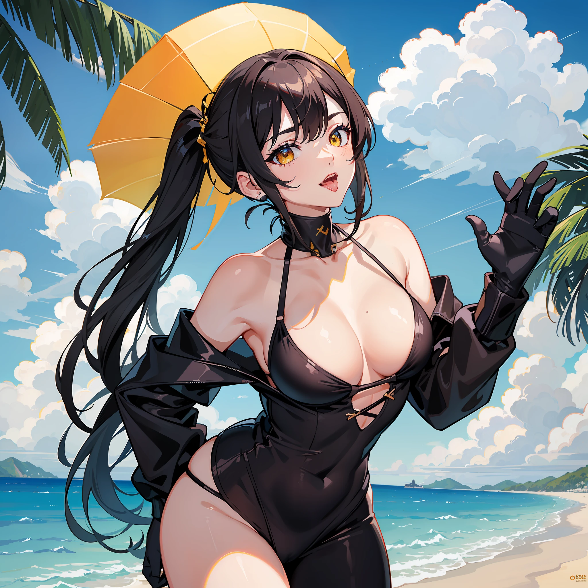 (Extremely detailed wallpaper of CG 8k unit), (masterpiece), (best quality), (ultra detailed), (best illustration), (high resolution), (best shadow), (sharp eyeliner), eye shadow, (detailed eyes: 1.2), (fivesevenswimsuit: 1), charming smile, 1 girl, twintail, (beach background), sexy body, back view, from behind, black hair, beach, palm trees, pull handle, tongue out, yellow eyes