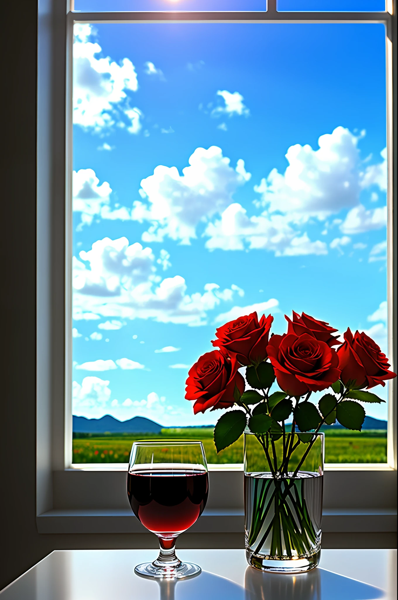 A glass of crystal, red wine, green roses, colorful, blue sky and white clouds, by the window, sunlight coming in, many details, high quality, 8k