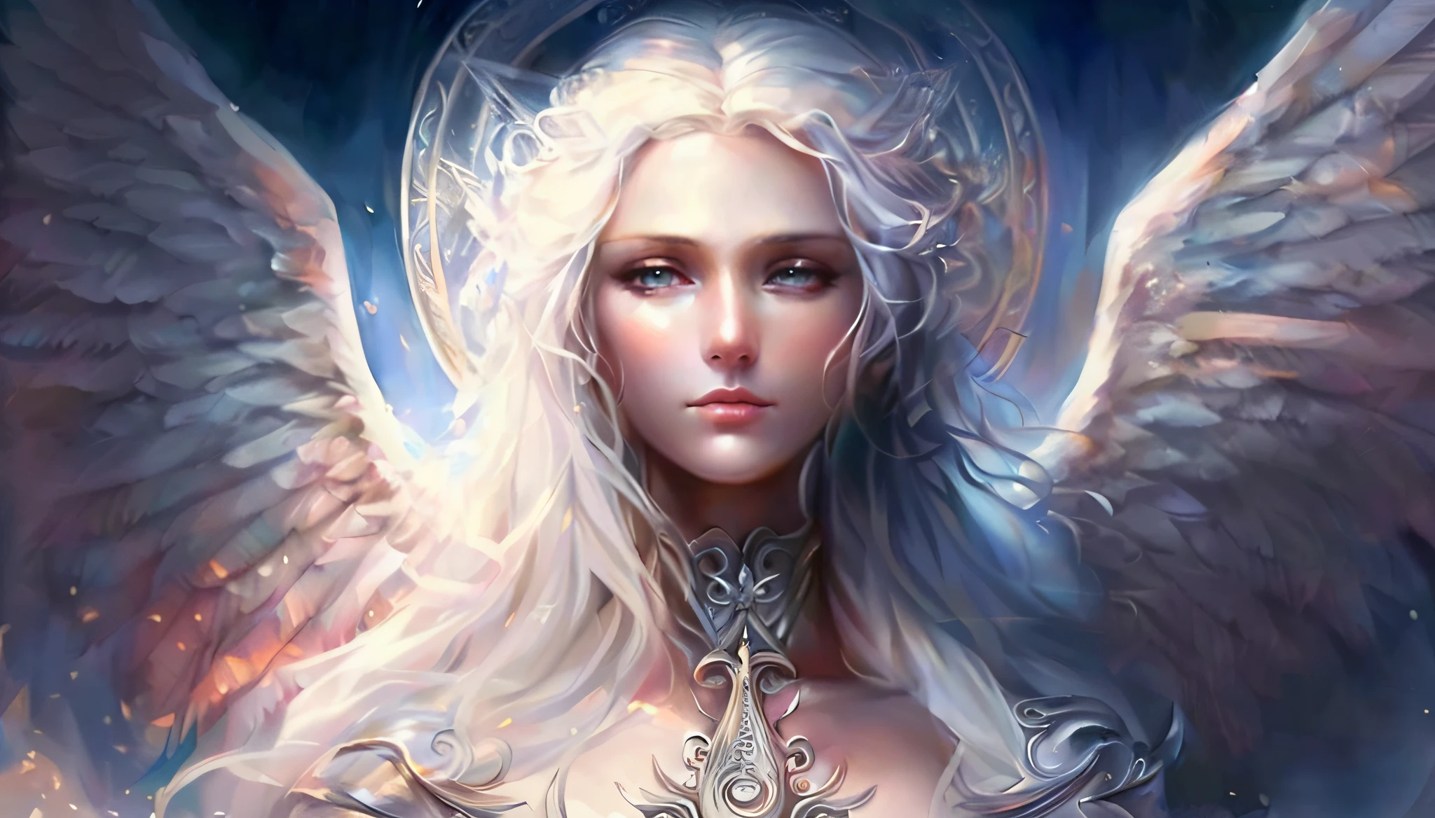 a woman with white hair and wings is holding a sword, portrait of a beautiful angel, finely detailed angelic face, angelic face, goddess. extremely high detail, beautiful female angel, of beautiful angel, a stunning portrait of a goddess, beautiful angel girl portrait, goddess close-up portrait, beautiful fantasy art portrait, angelic, ethereal angelic being of light, beautiful angel