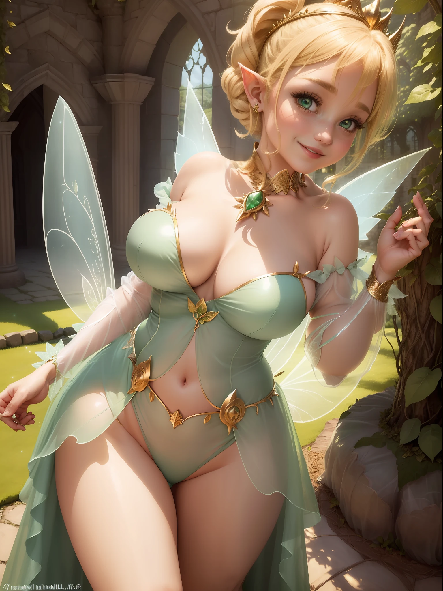 (Full body photo:1.5), (Uma/TinkerBellWaifu/Woman/with transparent fairy wings:1.5), (Big breasts:1.7), (Wearing fairy costume made of green leaves:1.5), (Looking at the viewer/smiling:1.3), (She is inside a magical castle in front of the fairy king's throne:1.5), (She has fulfilled blonde hair fastened with leaf clip: 1.4), (dark blue eyes: 1.4), (extremely tight/short costume: 1.7), (doing sexy standing poses: 1.2), (award-winning, UHD, anime, high detail, 16k, high quality, masterpiece)