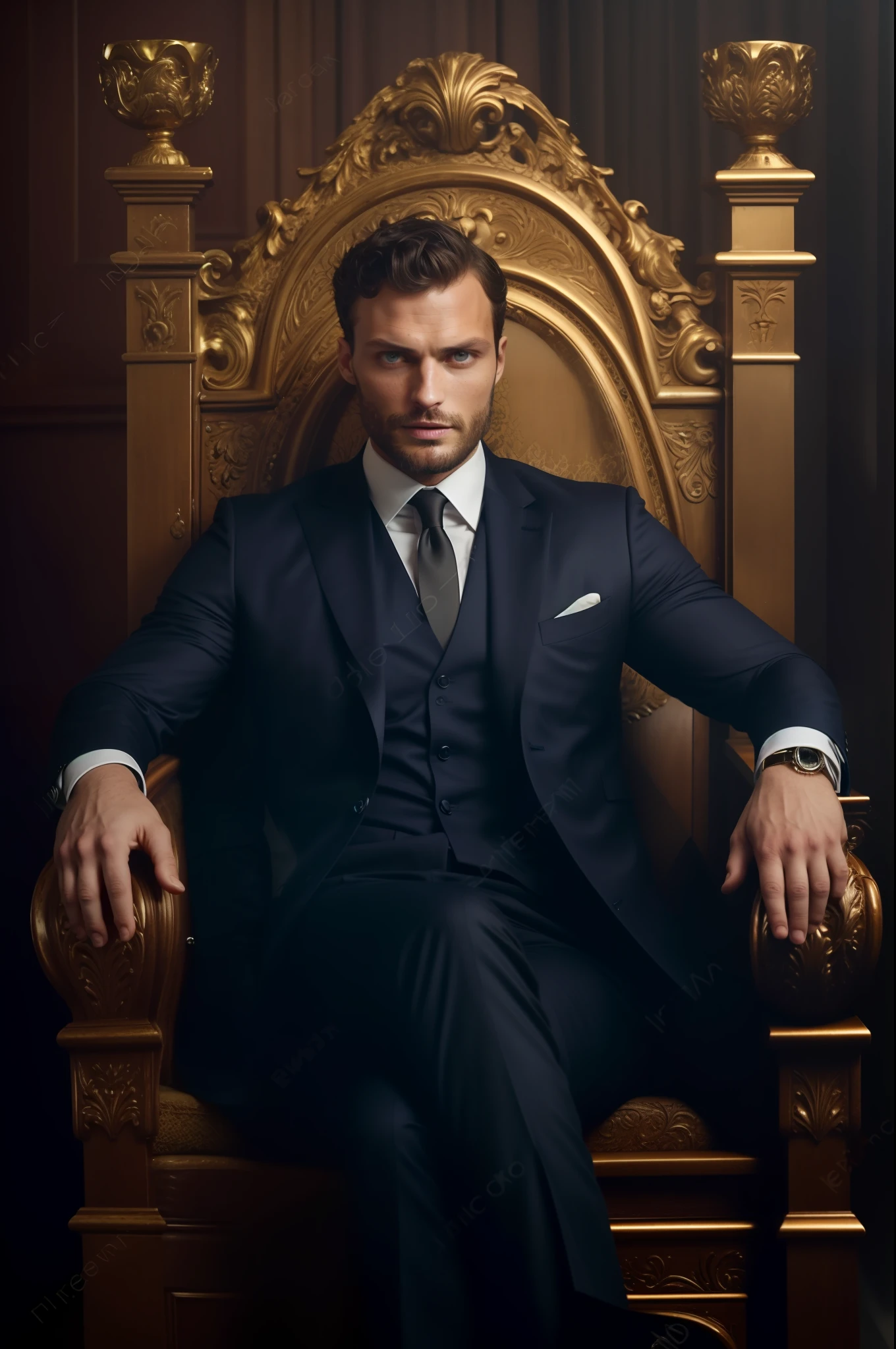 Create a Ceo wearing suit, symmetrical and beautiful eyes, stare fixed in the center of the image, details of the face, Jamie Dornan, very beautiful and attractive, black beard and detached, strong and muscular, dark short hair, tanned skin, 8k resolution, best quality, similar to actor Jamie Dornan, pe, close up.