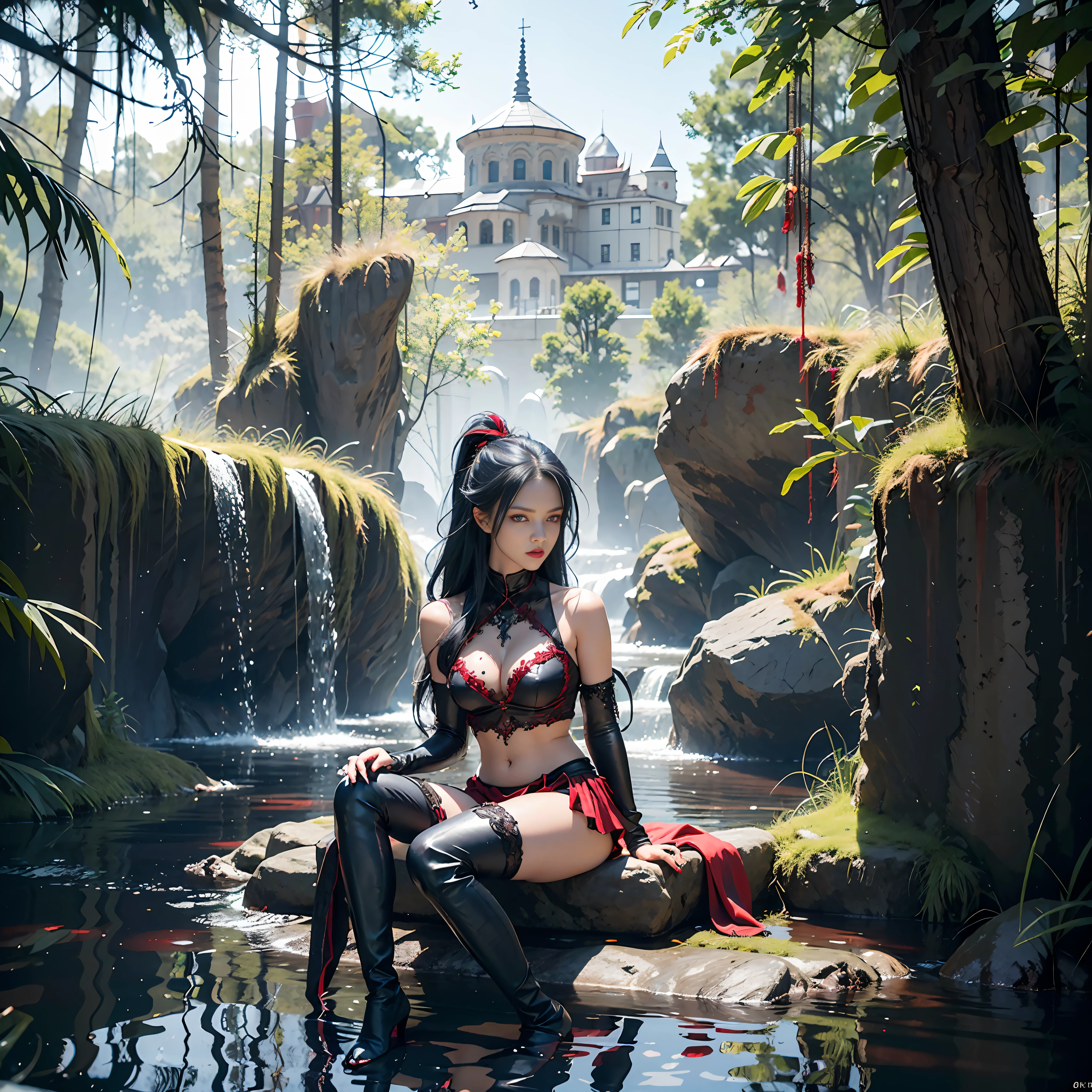 best quality}, {{masterpiece}}, {highres}, Perfect waist cut, Large breasts, Warrior girl with a small short sword on hand, Skimpy organza transparent clothes, organza elements on clothes, net clothes, leather glossy elements on clothes, dark blue hair with red highlights, (perfect nose), Seductive gaze, dark blue knee high boots on high heels with red highlights, (Best Illustration), 8k Resolution, Intricate Details, Best Quality, Realistic, Ultra Detailed, Best Lighting, Best Shadows, Ultra HD, A Necromancer style, Night, Magic, Dark Style, Vampire, (shining red eyes:1.6), masterpiece, high_res, Beautiful face, tyndall effect, photo realistic, (high detailed skin:1.2), 8k uhd, dslr, high quality, Photograph, high resolution, 4k, 8k, Bokeh, absurdres, ponytail contorted, best ratio four finger and one thumb, front view, dark blue hair gorgeous, perfect proportional skinny fitness body, full body view, wet skin, wet clothes, dark cathedral baground scenery, huge bobs, belly muscle, long fit perfect legs, fishnet dark red Stockings, realistic reflection in the water
