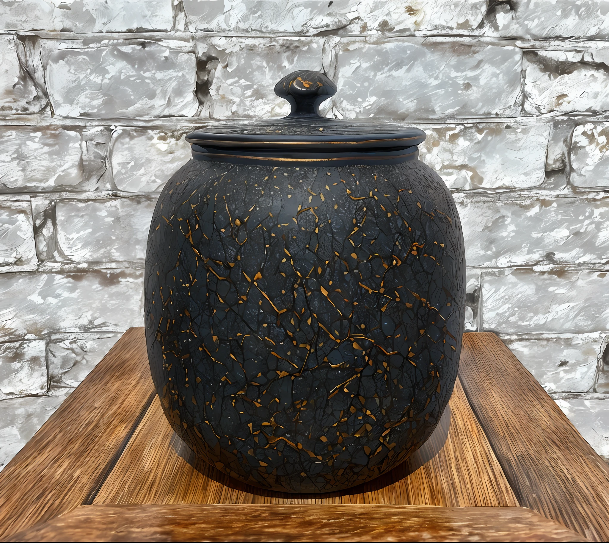 (Realistic: 1.3), simple freehand details, ceramics \ (artwork \), ((masterpiece, best quality)), ((movie lights)), natural rock texture, ceramics, Japanese tea ceremony culture \ (style\), black glazed jar