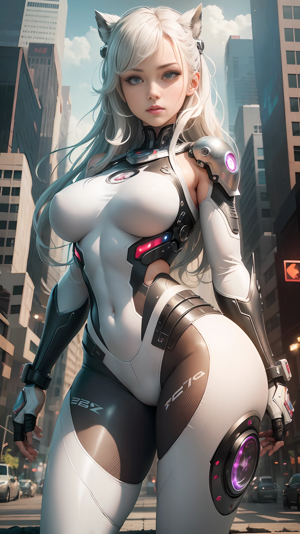 (hyper-realistic), (illustration), (high resolution), (cybernetic arms),(cyborg),(8K), (extremely detailed), (best illustration), (beautiful detailed eyes), (best quality), (ultra-detailed), (masterpiece), (wallpaper), (detailed face), solo 1 girl, white wavy hair, Korean, heterochromic eyes, small moles under the eyes, baggy white shirt, yoga pants, large breasts, long legs, tight abs, camel's fingers, dynamic pose --auto --s2