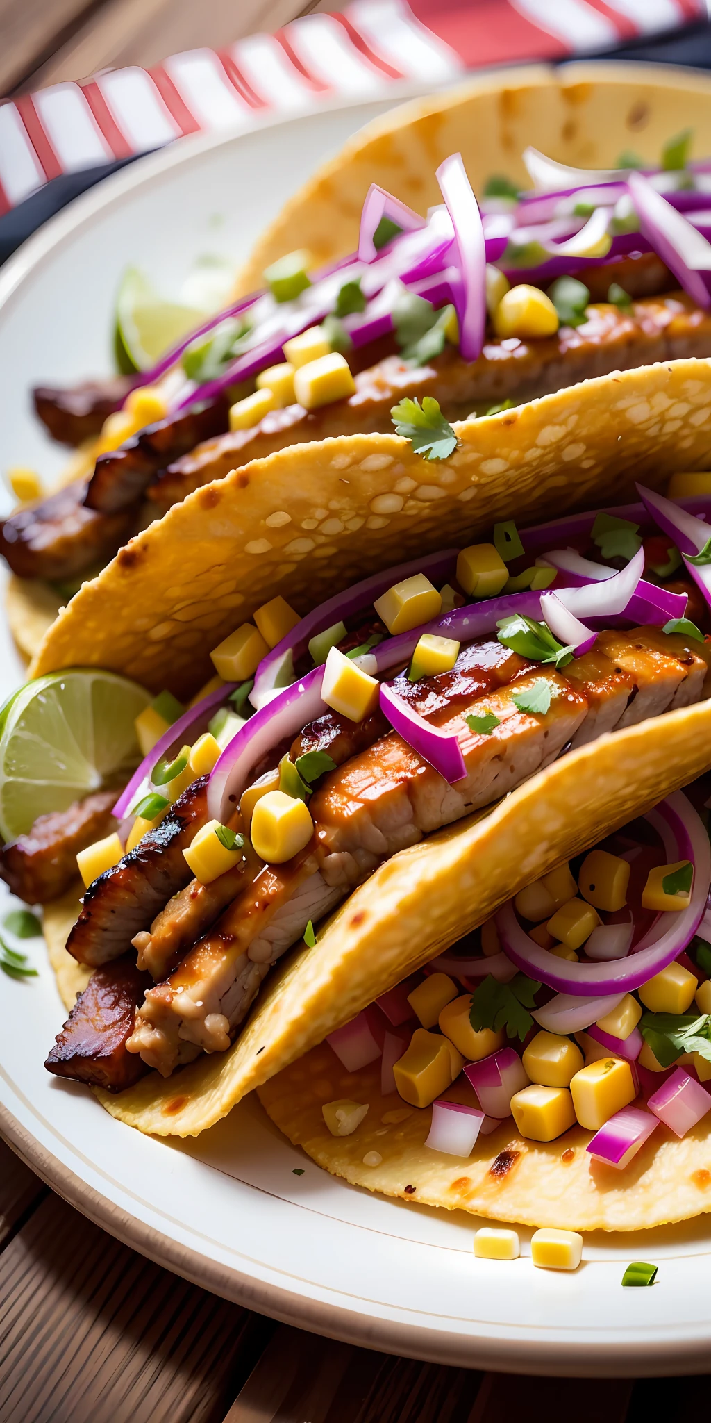 advertisement of a plate of street tacos is a tantalizing display of culinary delight. These small, soft corn tortillas are filled with grilled meats like marinated beef, tender chicken, or succulent pork. Topped with vibrant garnishes such as finely chopped onions, fresh cilantro, and zesty salsa, they offer a burst of flavors. Served alongside slices of juicy lime, the tacos invite a tangy twist. Capturing this enticing plate would require a close-up lens on a DSLR camera, with settings adjusted for optimal exposure and a shallow depth of field to emphasize the delectable details. --ar 16:9 --s 750 --auto --s2
