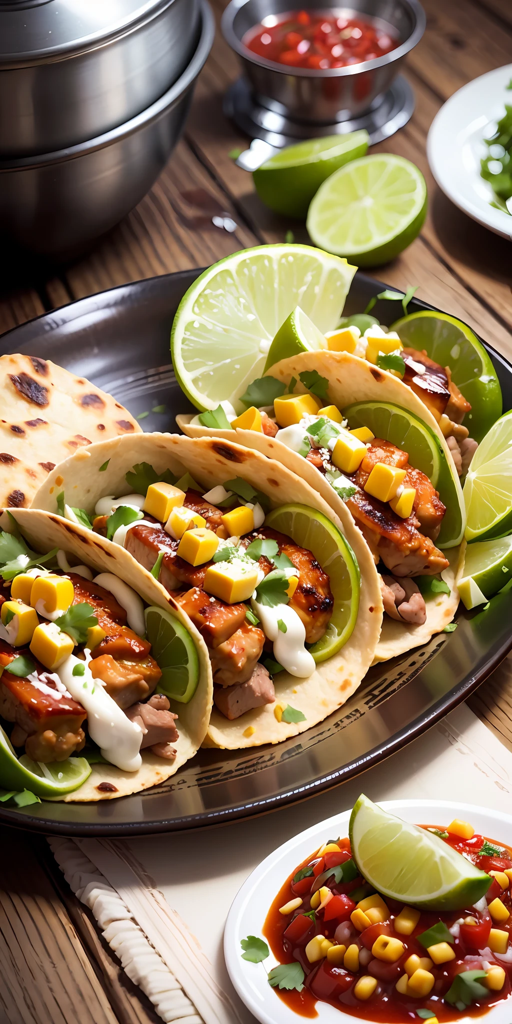 advertisement of a plate of street tacos is a tantalizing display of culinary delight. These small, soft corn tortillas are filled with grilled meats like marinated beef, tender chicken, or succulent pork. Topped with vibrant garnishes such as finely chopped onions, fresh cilantro, and zesty salsa, they offer a burst of flavors. Served alongside slices of juicy lime, the tacos invite a tangy twist. Capturing this enticing plate would require a close-up lens on a DSLR camera, with settings adjusted for optimal exposure and a shallow depth of field to emphasize the delectable details. --ar 16:9 --s 750 --auto --s2