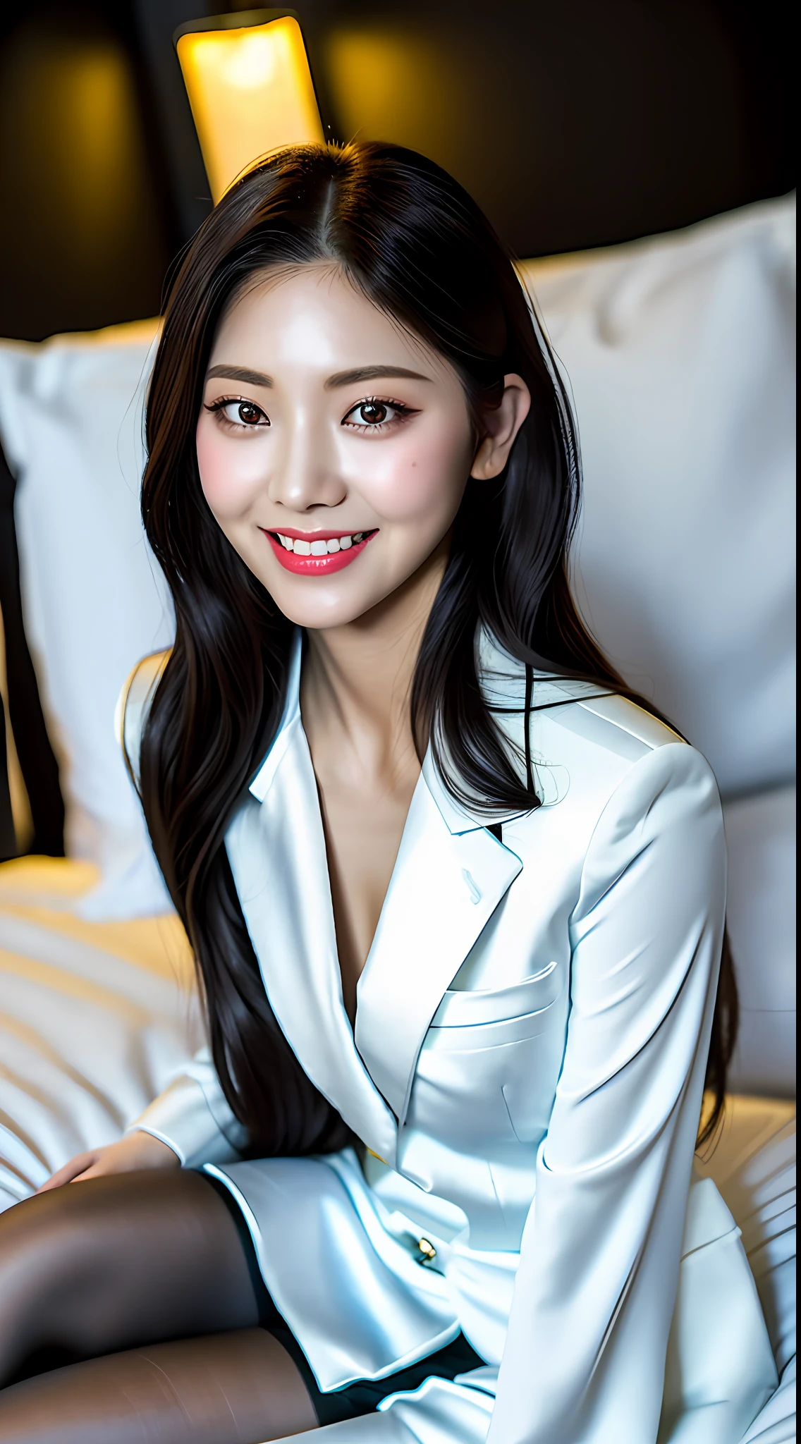 Top Quality, Masterpiece, 1 Girl, Beautiful Face, (Photorealistic Photos:1.3), Rim Lighting, (High Detail Skin:1.2), 8K UHD, DSLR, High Quality, High Definition, 4K, 8K, Background Bokeh, Absurdity, Beauty, Kpop Idol, (Real: 1.3), (1 person: 1.5), (Wearing a white formal suit:1.2), Middle chest, Short skirt, Black pantyhose, high heels ,smile, (big eyes:1.1), (corners of eyes lowered:1.1), (double eyelids:1.5), (perfect body beauty:1.5), (perched on the edge of bed:1.1),