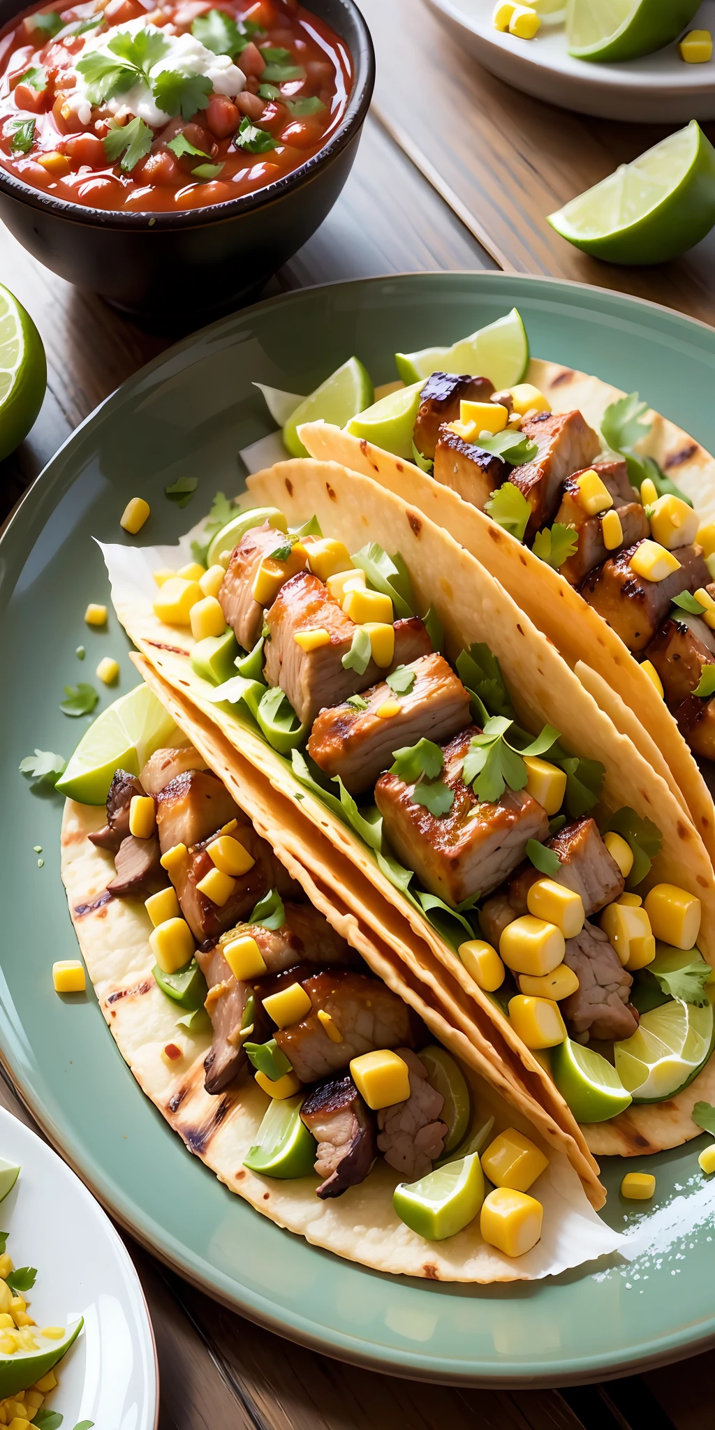 advertisement of a plate of street tacos is a tantalizing display of culinary delight. These small, soft corn tortillas are filled with grilled meats like marinated beef, tender chicken, or succulent pork. Topped with vibrant garnishes such as finely chopped onions, fresh cilantro, and zesty salsa, they offer a burst of flavors. Served alongside slices of juicy lime, the tacos invite a tangy twist. Capturing this enticing plate would require a close-up lens on a DSLR camera, with settings adjusted for optimal exposure and a shallow depth of field to emphasize the delectable details. --ar 16:9 --s 750 --auto --s2