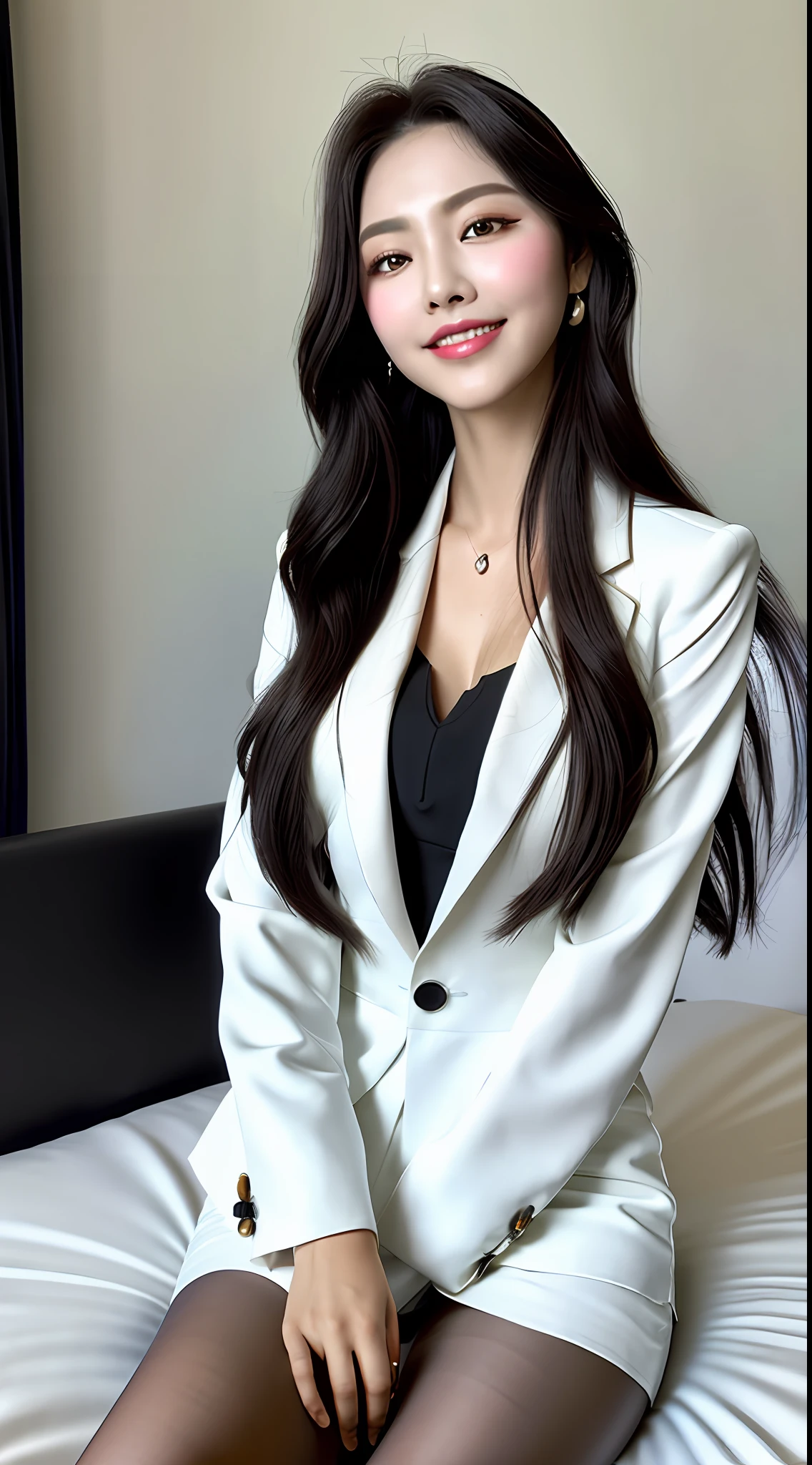Top Quality, Masterpiece, 1 Girl, Beautiful Face, (Photorealistic Photos:1.3), Rim Lighting, (High Detail Skin:1.2), 8K UHD, DSLR, High Quality, High Definition, 4K, 8K, Background Bokeh, Absurdity, Beauty, Kpop Idol, (Real: 1.3), (1 person: 1.5), (Wearing a white formal suit:1.2), Middle chest, Short skirt, Black pantyhose, high heels ,smile, (big eyes:1.1), (corners of eyes lowered:1.1), (double eyelids:1.5), (perfect body beauty:1.5), (perched on the edge of bed:1.1),