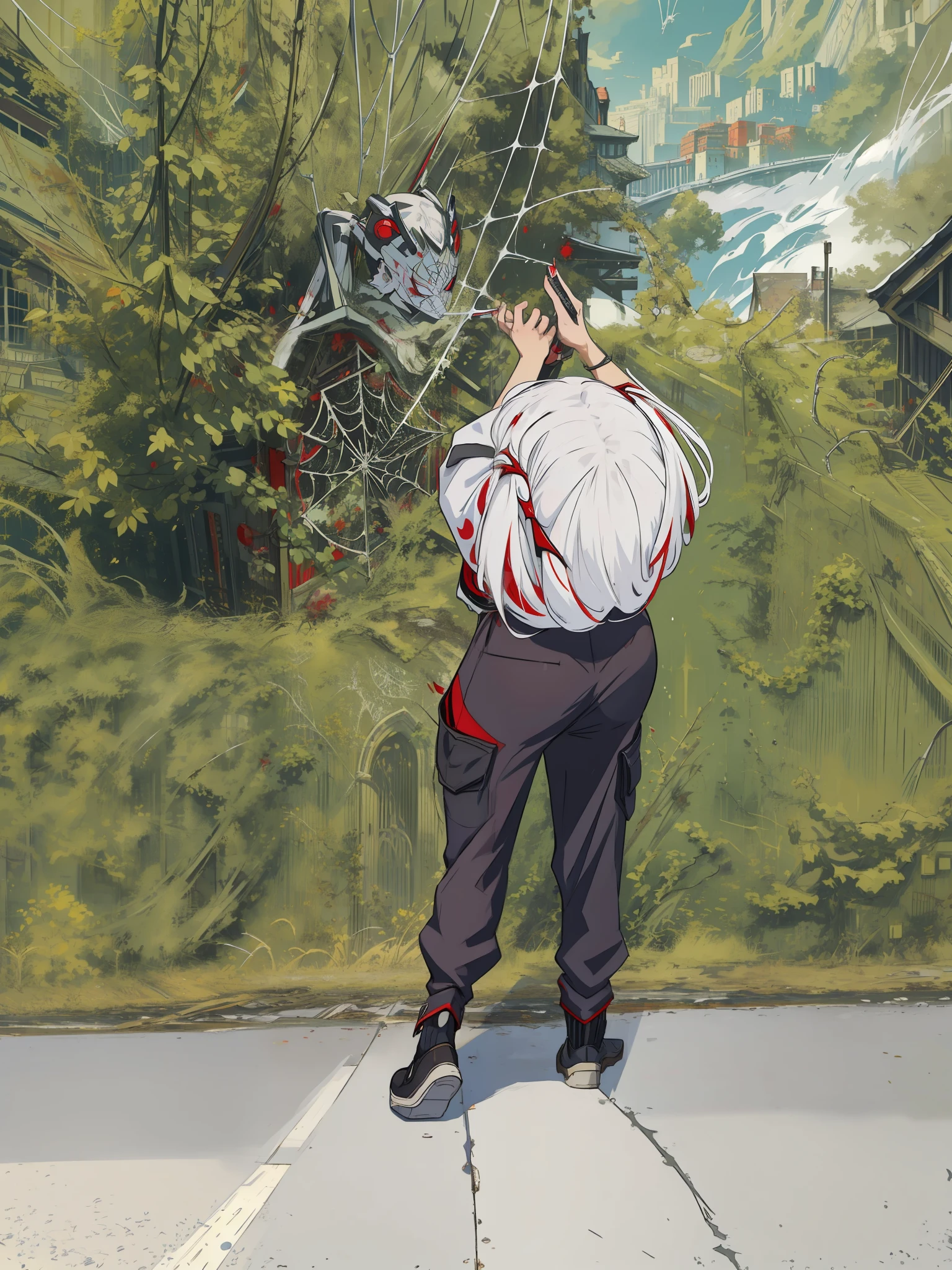 (masterpiece, best quality), intricate details, 8k, artstation, wallpaper, official art, splash art, sharp focus,
1girl, Nakiri Ayame, long hair, twintails, red eyes, white hair,
spider suit, spider web print, spider web,
skyscrappers, city, buildings, cars, street,
