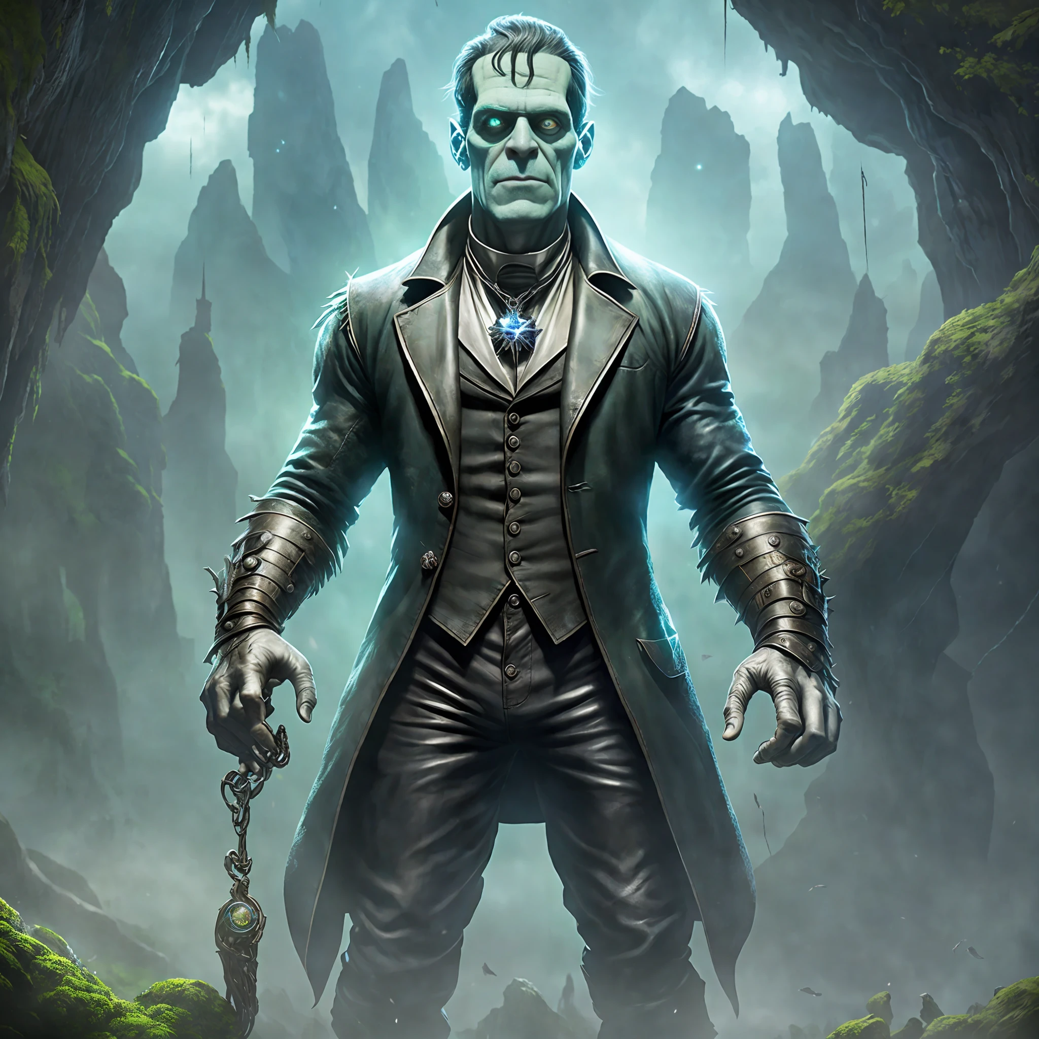 Frankenstein Monster Green Face, (Masterpiece:1.2), (Best Quality), Detailed, UHD, Cinematic Lighting, Sharp Focus, (Illustration:1.1), Intricate, with black sunglasses, black hair, wearing a leather suit, hands holding a floating object, hands holding a bright floating blue crystal in front, standing centered, neutral scenery --auto --s2