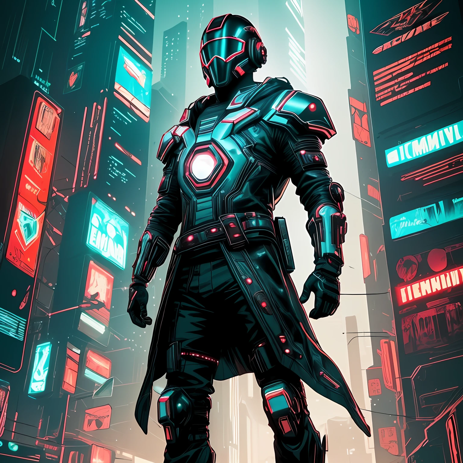 (best quality:1.3), (best performance:1.2), (best illustration:1.2), (Comic style:1.2), (artistic cinematic lighting:1.2) (1man) wearing futuristic electronic robes Cyberpunk technological, his body is covered by metallic parts, in a cinematic horror movie background in a futuristic Cyberpunk city, (wearing a technological electronic helmet:1.2)
