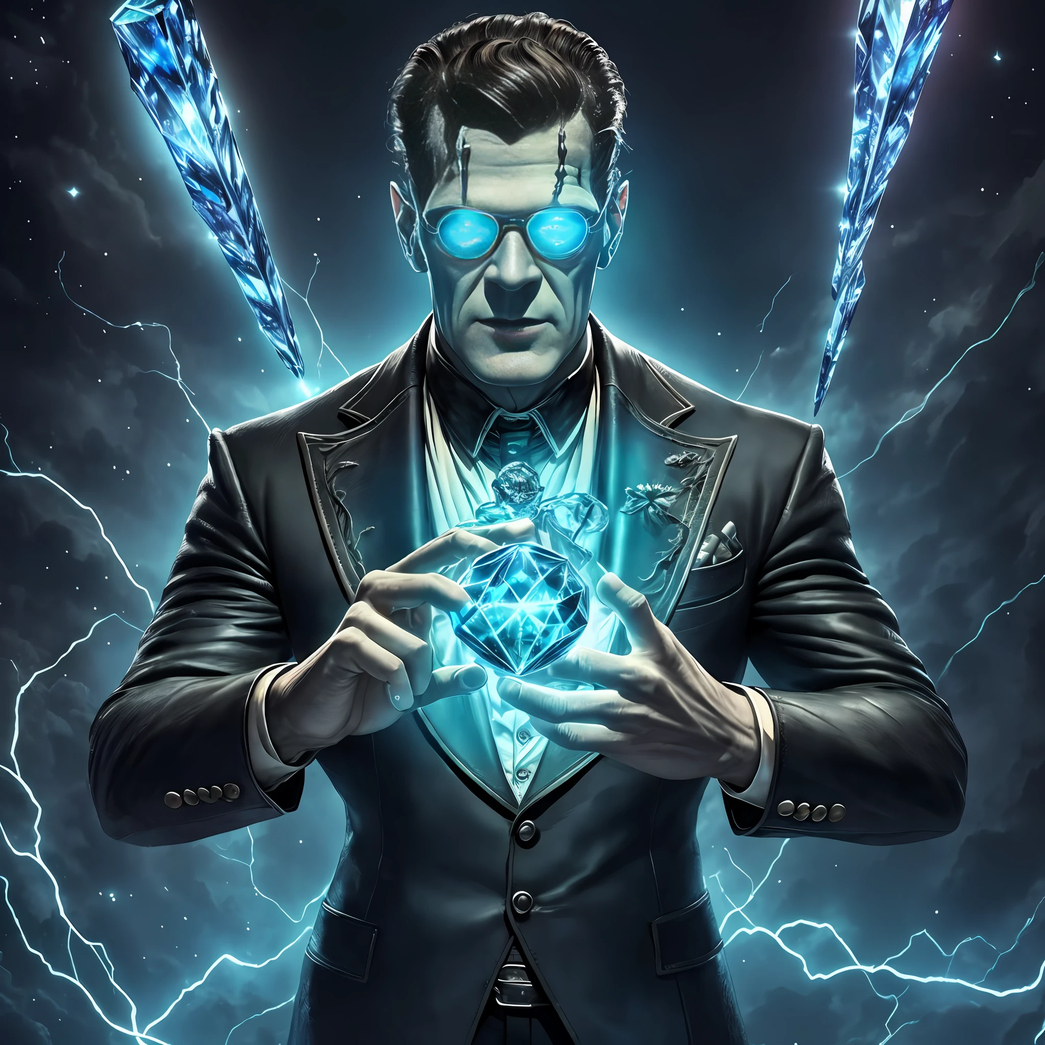 Frankenstein Monster, (Masterpiece:1.2), (Best Quality), Detailed, UHD, Cinematic Lighting, sharp focus, (illustration:1.1), intricate, with sunglasses, black hair, wearing a leather suit, hands holding a floating object, hands holding a bright floating blue crystal in front, standing centered, neutral scenery --auto --s2