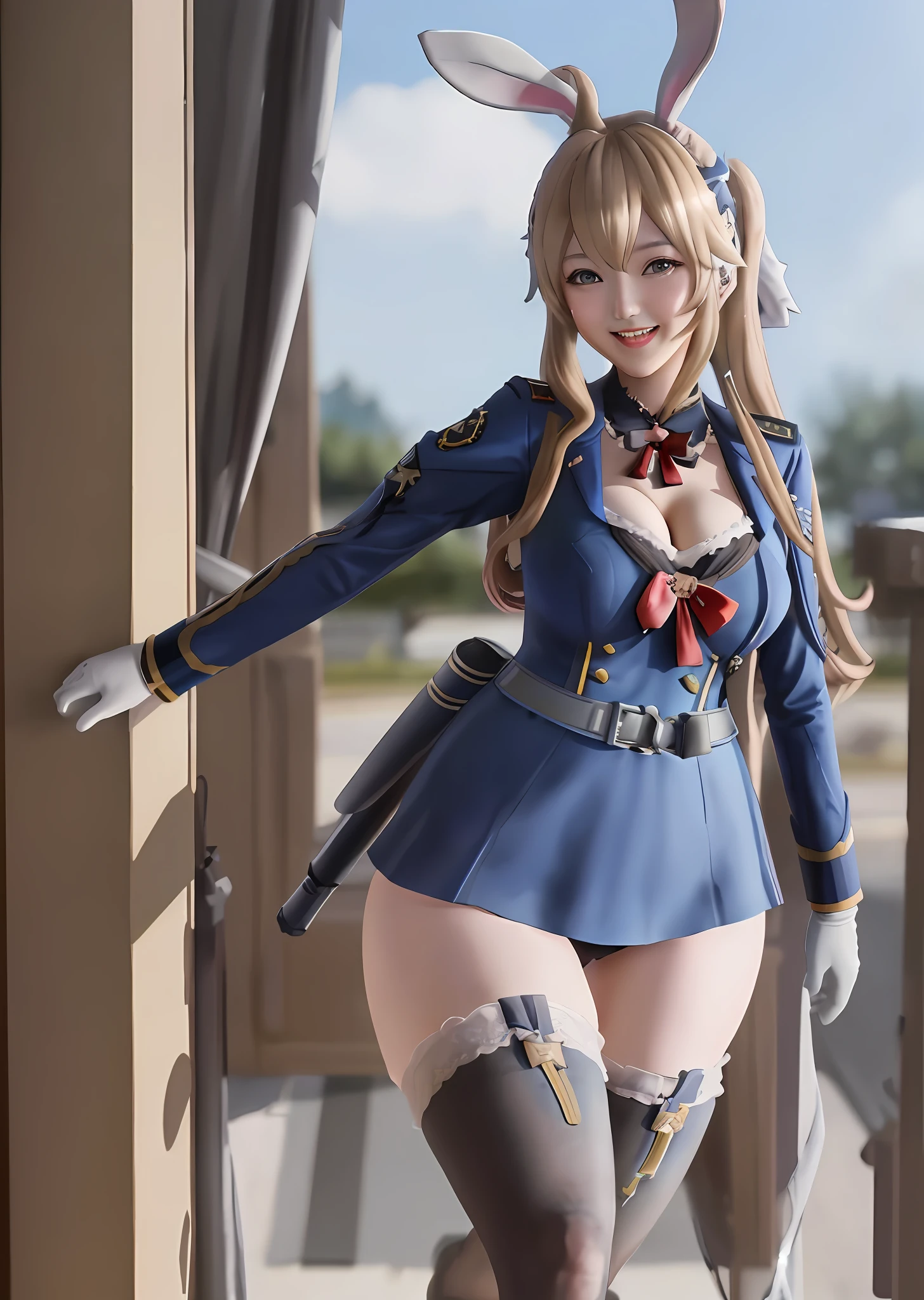 Hiryuu bunnygirl from Azure Lane, cleavage, trending anime realism on Pixiv, sfw, kawaii, military outfit, high rank soldier, in office, WWII, crazy smile, laughing maniacally, sinister beauty, Third Reich, German military officer waifu, Photorealistic, highly detailed, hyperrealism, ray tracing, high quality vector, high resolution, bunnygirl military Waifu, camel toe, large breasts, hentai, lewd