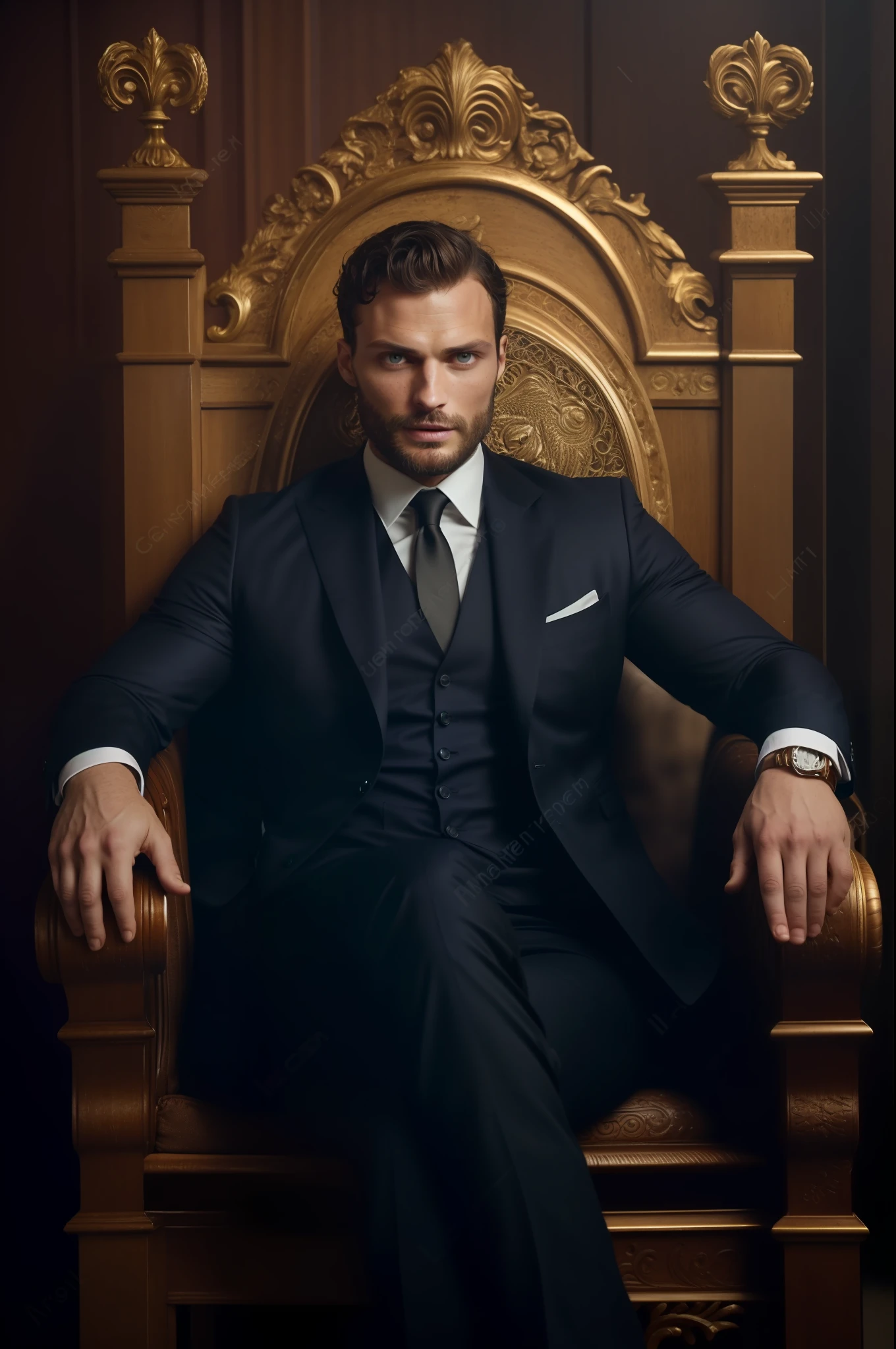 Create a Ceo wearing suit, symmetrical and beautiful eyes, stare fixed in the center of the image, details of the face, Jamie Dornan, very beautiful and attractive, black beard and detached, strong and muscular, dark short hair, tanned skin, 8k resolution, best quality, similar to actor Jamie Dornan, pe, close up.