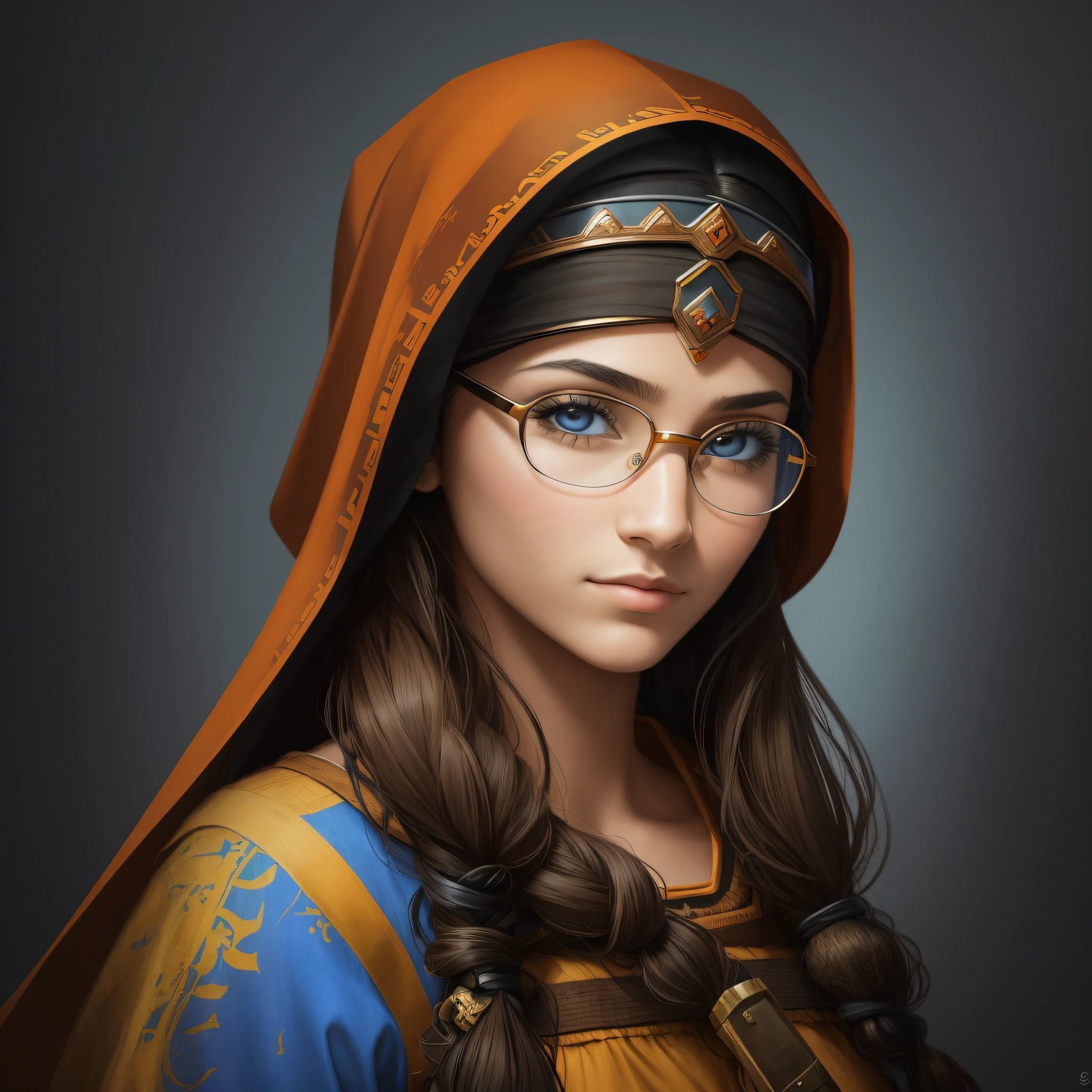 a portrait of a warrior princess living in a dystopian future of cybertechnology. The inspiration for this portrait comes from the Mona Lisa and Afghan Girl photographs. The princess is a Caucasian woman with brown eyes, glasses, and a veil over her head. She is a designer and painter who wears feminine and modest clothing in orange and blue colors. The challenge is to capture her strength and resilience on canvas. --auto --s2