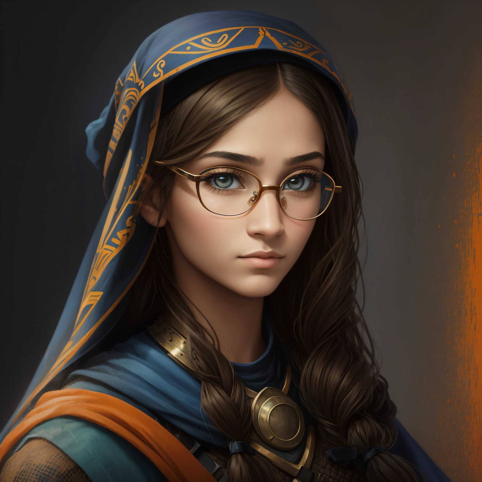 a portrait of a warrior princess living in a dystopian future of cybertechnology. The inspiration for this portrait comes from the Mona Lisa and Afghan Girl photographs. The princess is a Caucasian woman with brown eyes, glasses, and a veil over her head. She is a designer and painter who wears feminine and modest clothing in orange and blue colors. The challenge is to capture her strength and resilience on canvas. --auto --s2