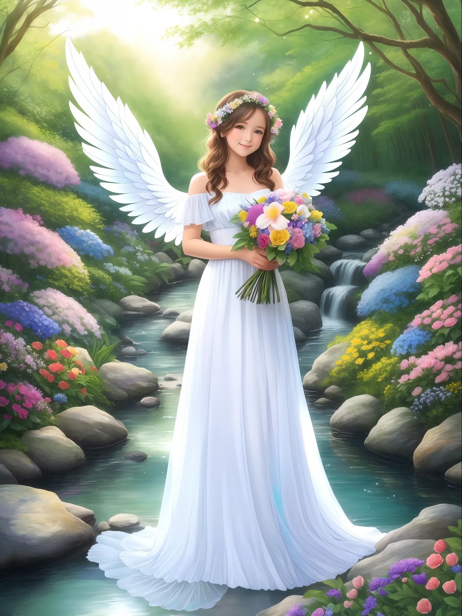 angel forest, fantastic, gentle and bright smile, wrapped in light, angel wings, playing, iridescent creek, iridescent flower garden, flowers, bouquet holding