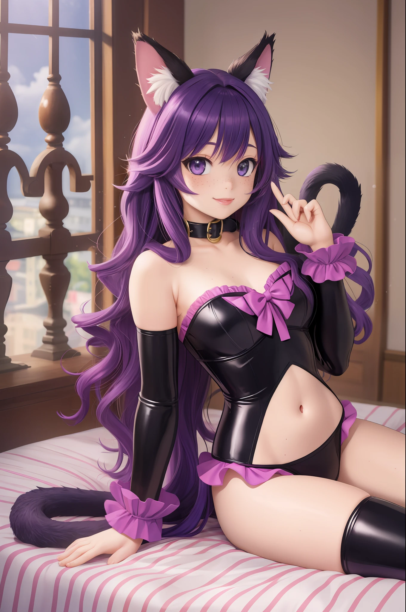 loli, flat chest, big lips, purple latex highleg strapless leotard, lipstick, long hair, cat ears, multicolored hair, striped cat tail, wavy hair, bell collar, freckles, light smile