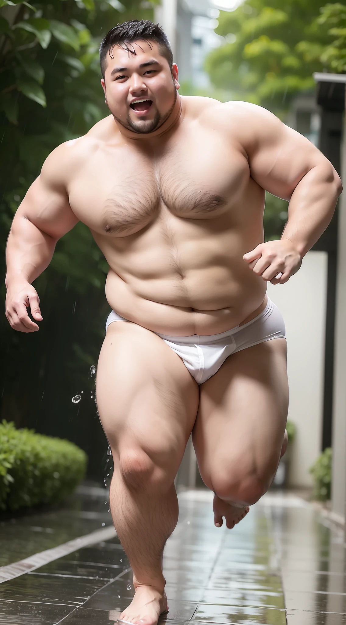 young fat beefy man in white Japanese loincloth, be exposed to the rain, solo man, full body, shirtless, running,