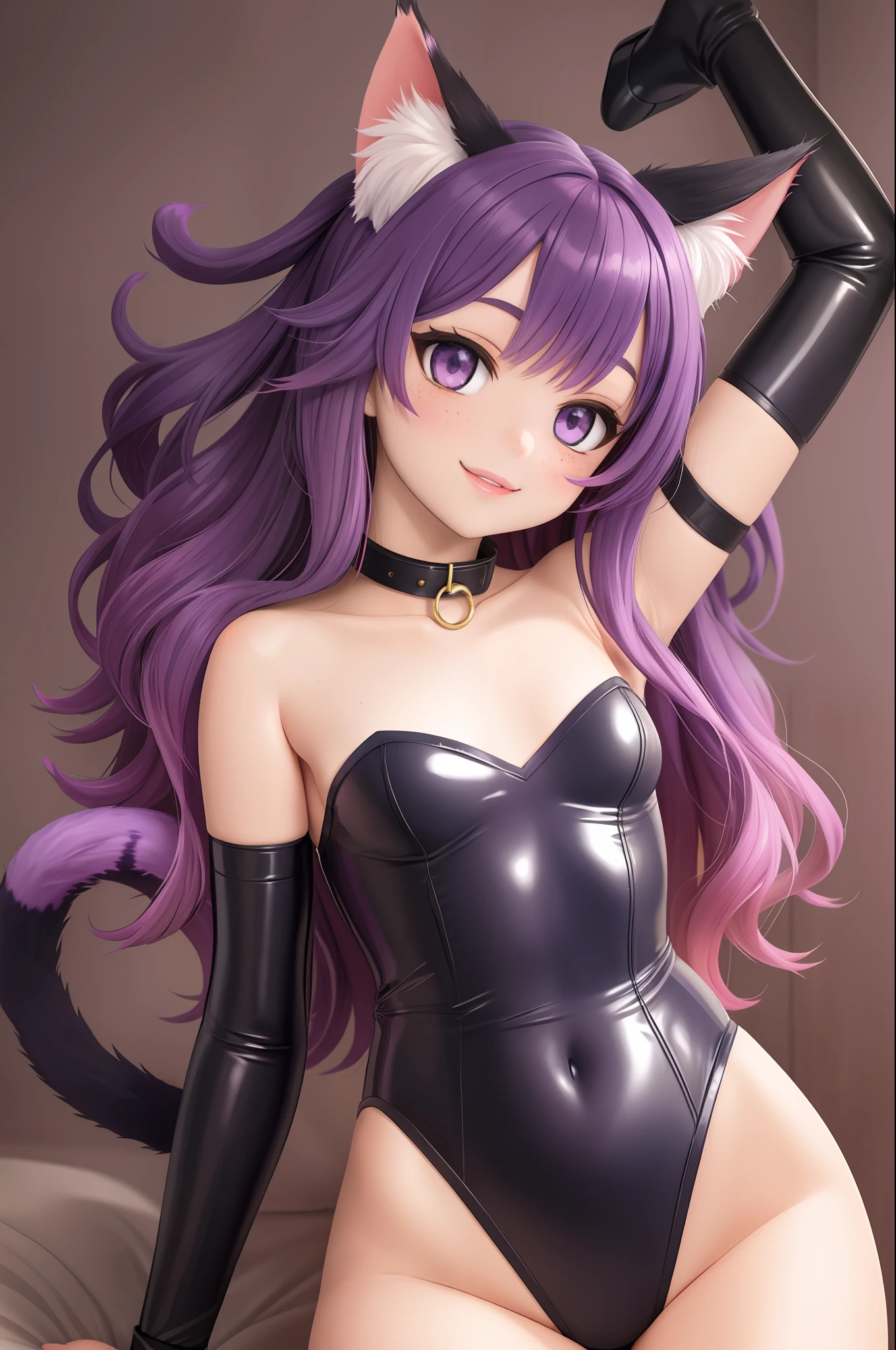 loli, flat chest, big lips, purple latex highleg strapless leotard, lipstick, long hair, cat ears, multicolored hair, striped cat tail, wavy hair, bell collar, freckles, light smile