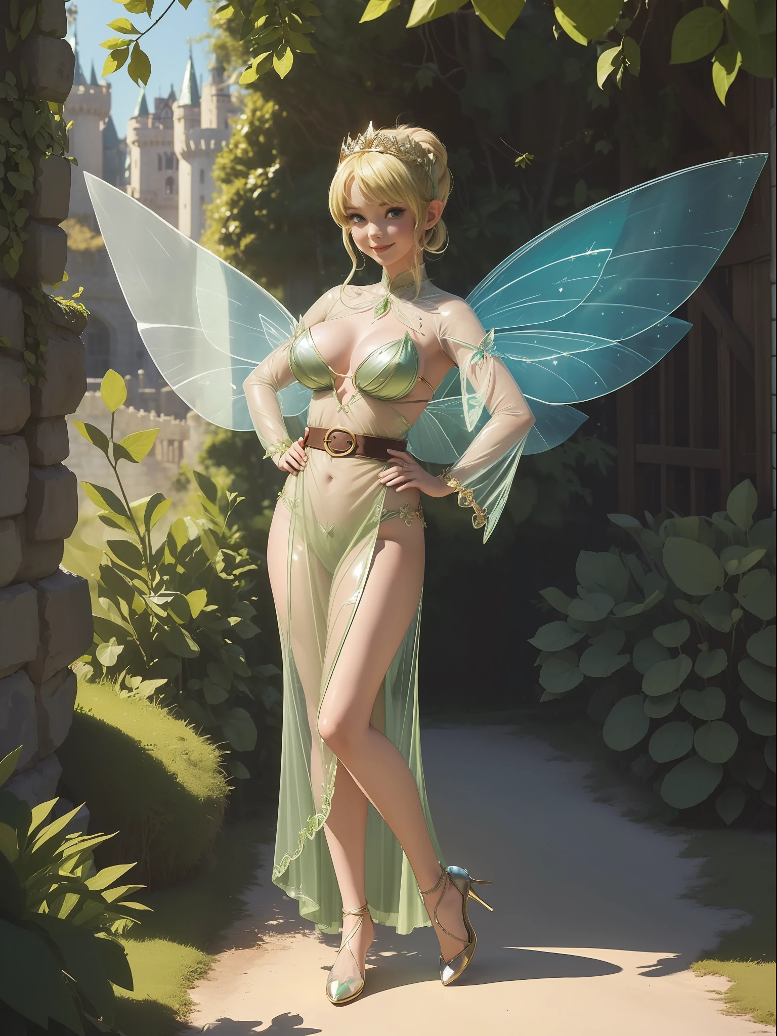 (Full body photo:1.7), (One/TinkerBellWaifu/Woman/with transparent fairy wings:1.5), (Big breasts:1.7), (Wearing fairy costume made of green leaves/leather belt at waist:1.3), (Looking at the viewer/smiling:1.3), (She's inside a magical castle:1.5), (She has fulfilled blonde hair stuck with leaf clip: 1.5),  (dark blue eyes: 1.5), (extremely tight/extremely transparent costume: 1.7), (doing sensual standing poses: 1.2), (award-winning, UHD, anime, high detail, 16k, high quality, masterpiece)