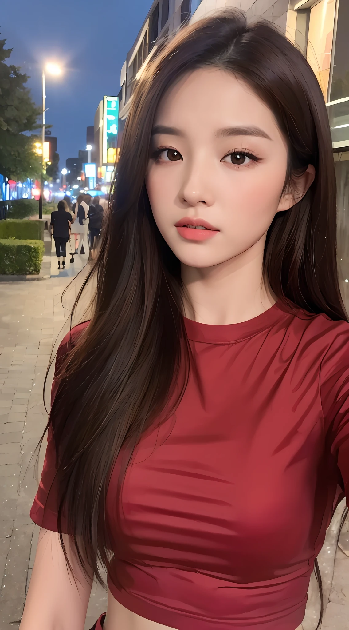 ((Realistic lighting, Best quality, 8K, Masterpiece: 1.3)), Clear focus: 1.2, 1girl, Perfect Figure: 1.4, Slim Abs: 1.1, ((Dark brown hair)), (Red T-shirt: 1.4), (Outdoor, Night: 1.1), City Street, Super Fine Face, Fine Eyes, Double Eyelids,