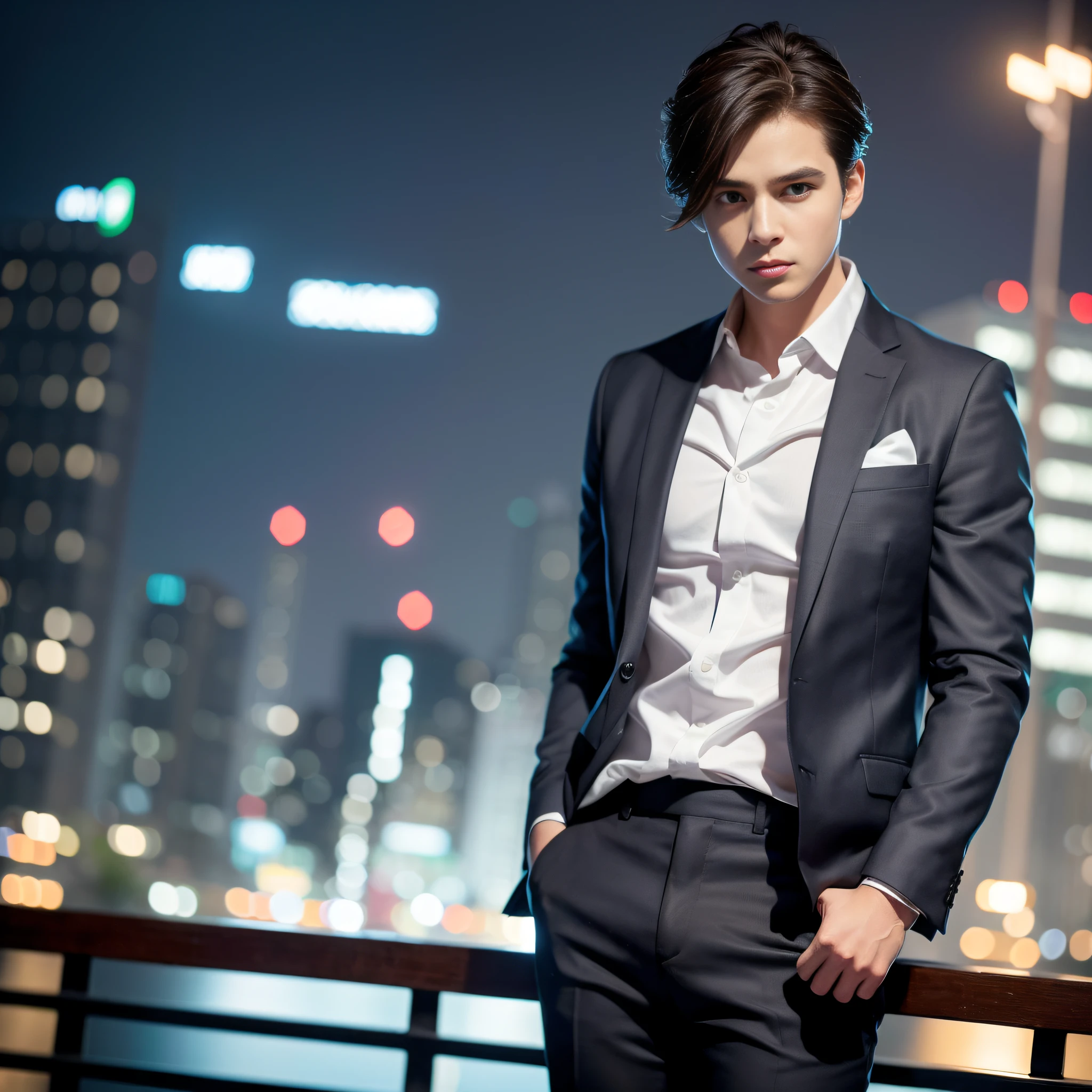 Casual pose, (extremely delicate and beautiful work), (masterpiece), 1boy, overbearing president, white shirt, high detail, suit, watch, cold expression, clear eyes, simple bokeh background, extreme detail depiction, handsome and compelling, super fine painting, delicate face, fine mix4, (8k, RAW photo, best quality, masterpiece: 1.2), (realistic, realistic: 1.37), 1boy, handsome, cityscape, (((night))), rain, wet, professional lighting, photon mapping, radiosity, physically-based rendering,