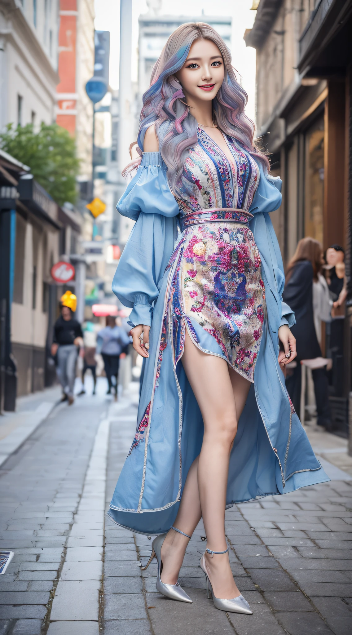 ((Best Quality, 8k, Masterpiece: 1.3)), 1 Girl, Smile, Full Body, Slim Face, Pretty Woman, (Free hair color), Free Color Full Length Dresses: 1.1, Stylish pumps, Ultra Detailed Face, Detailed Eyes, Double Eyelids, Blurred Background, Slim Face, City, Outside, Street,