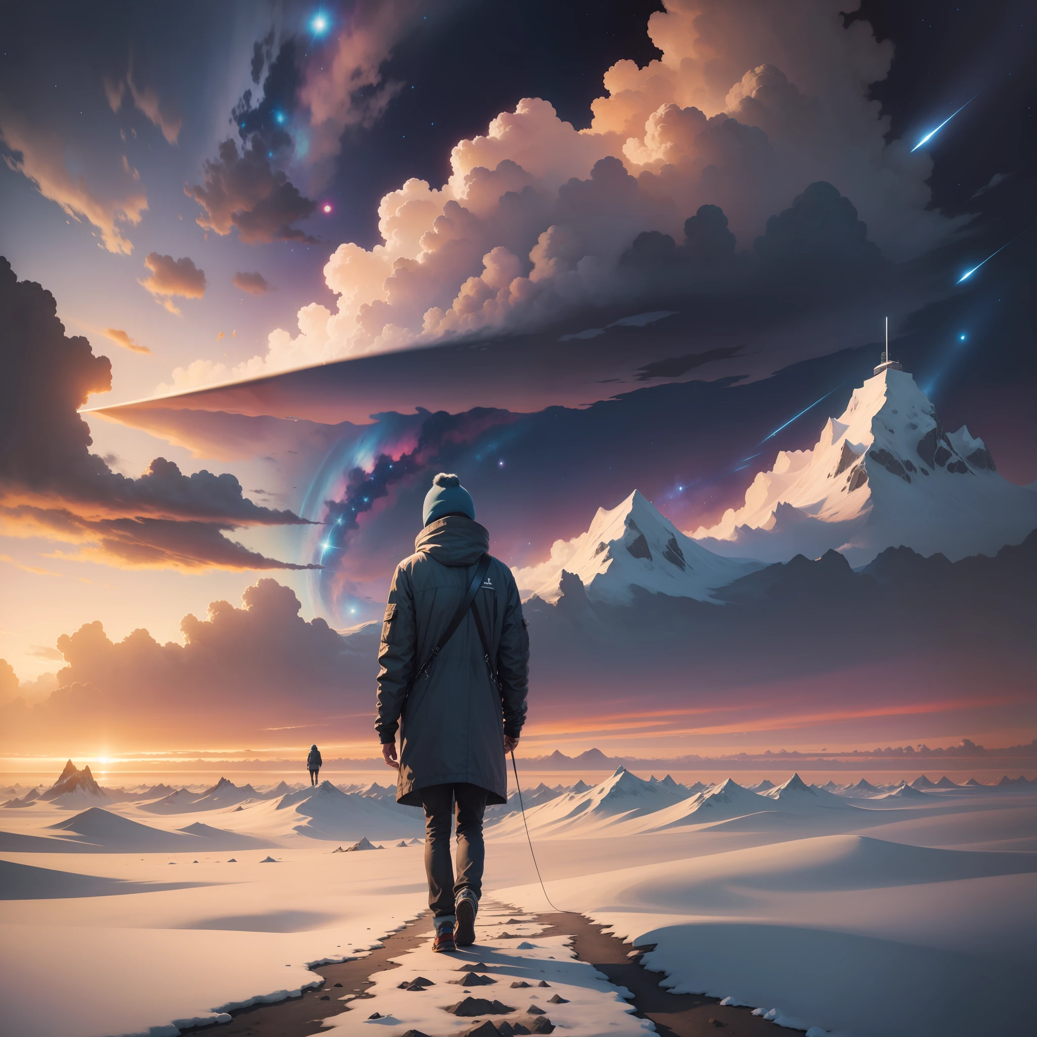 lonely wayfarer walking along the space between polar star and big dipper