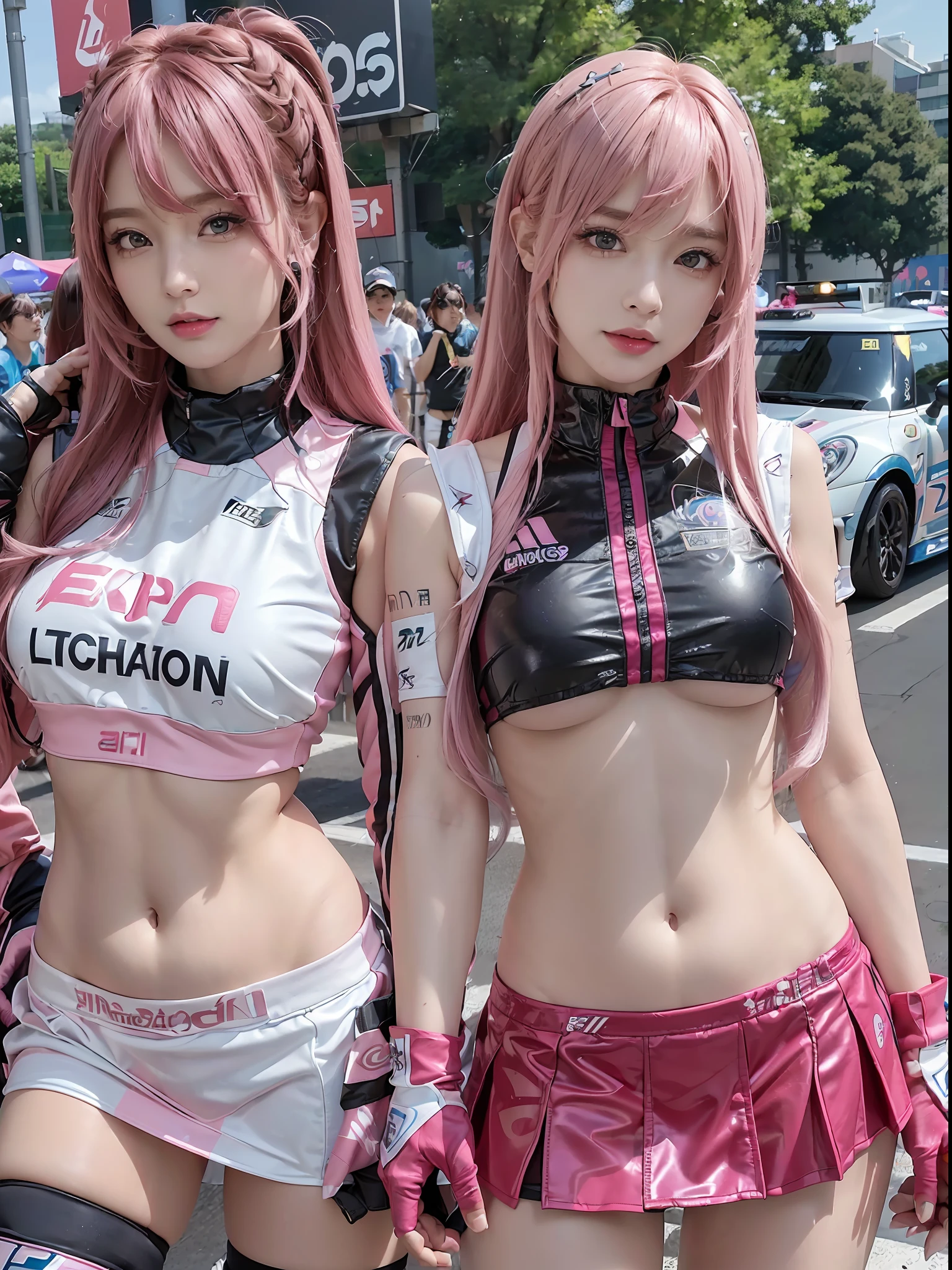 Top Quality, Ultra High Resolution, (Photorealistic: 1.4), (Pink Long Hair: 1.3), (Azure Lane\), One Girl, (Kpop Idol), Watch Audience, Detailed Face, Contrappost, Smooth Skin, Perfect Anatomy Professional Lighting, Futuristic Fashion, Streetwear, High-Tech Fabric, Racing Suit, Fireproof Material, Elbow and knee pads, racing gloves, personalized embroidery, sports car background, pits, mini skirt, belly button, pink hair, Suzuka circuit, circuit home straight, race track, international circuit, SUPERGT, big breasts, big