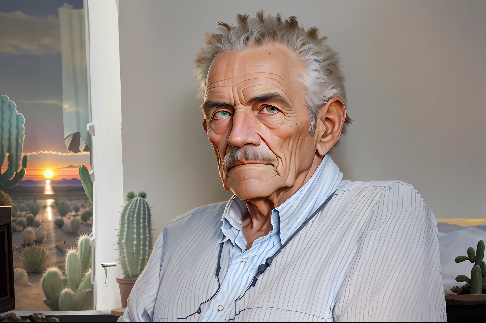 Lonely old man, in the background an arid and majestic desert landscape, the man on his back reflecting on his life journey and his distant memories. (tagged "desert", "lonely", "man", "sunset", "traveller", "solitude", "cactus", "silhouette", "nostalgia", "memories")