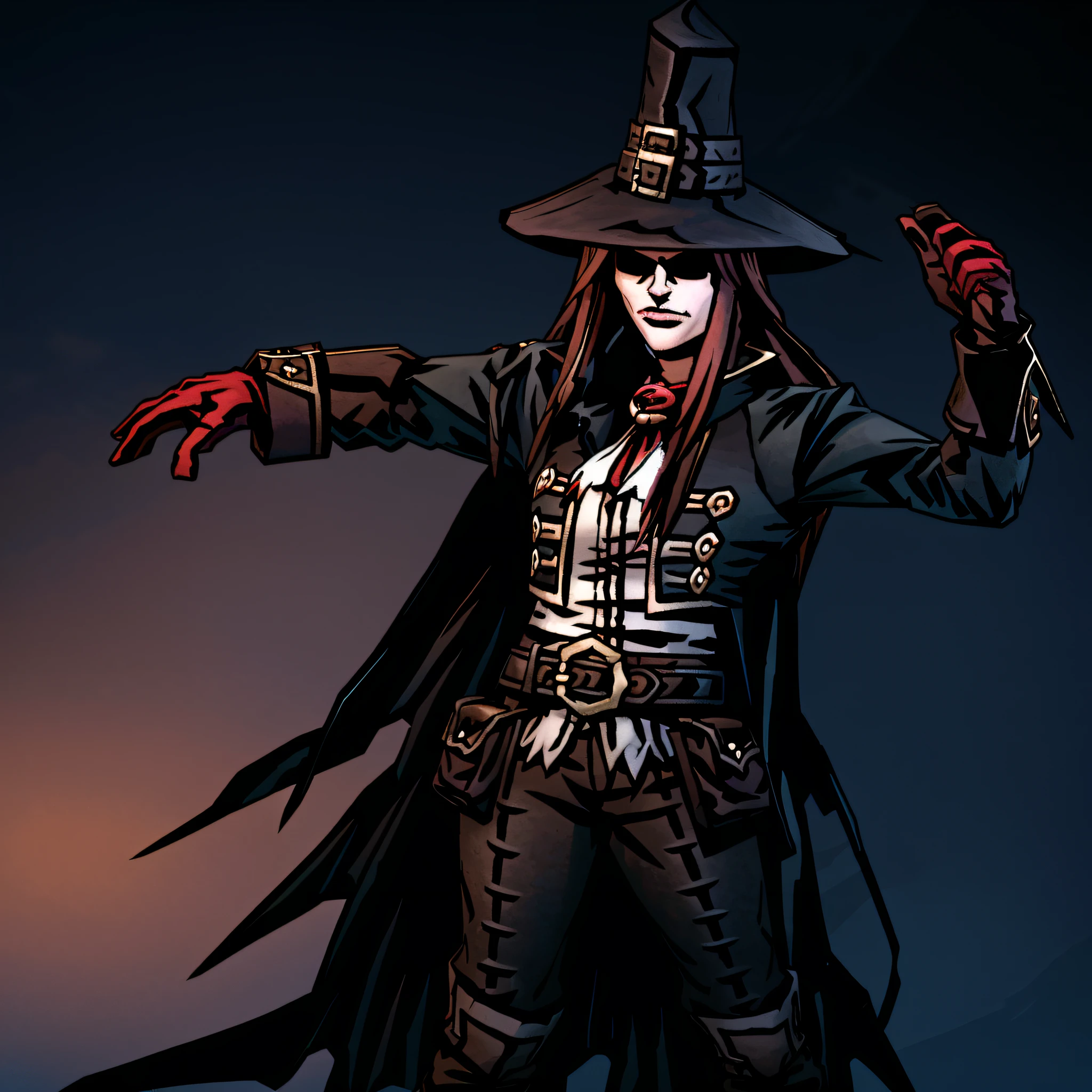 dynamic pose, hat, pirate hat, brown hair, long hair, eyes over hat, black coat, (red cape: 1), long sleeves, black gloves, belt, gold belt, gold trim, darker dungeon