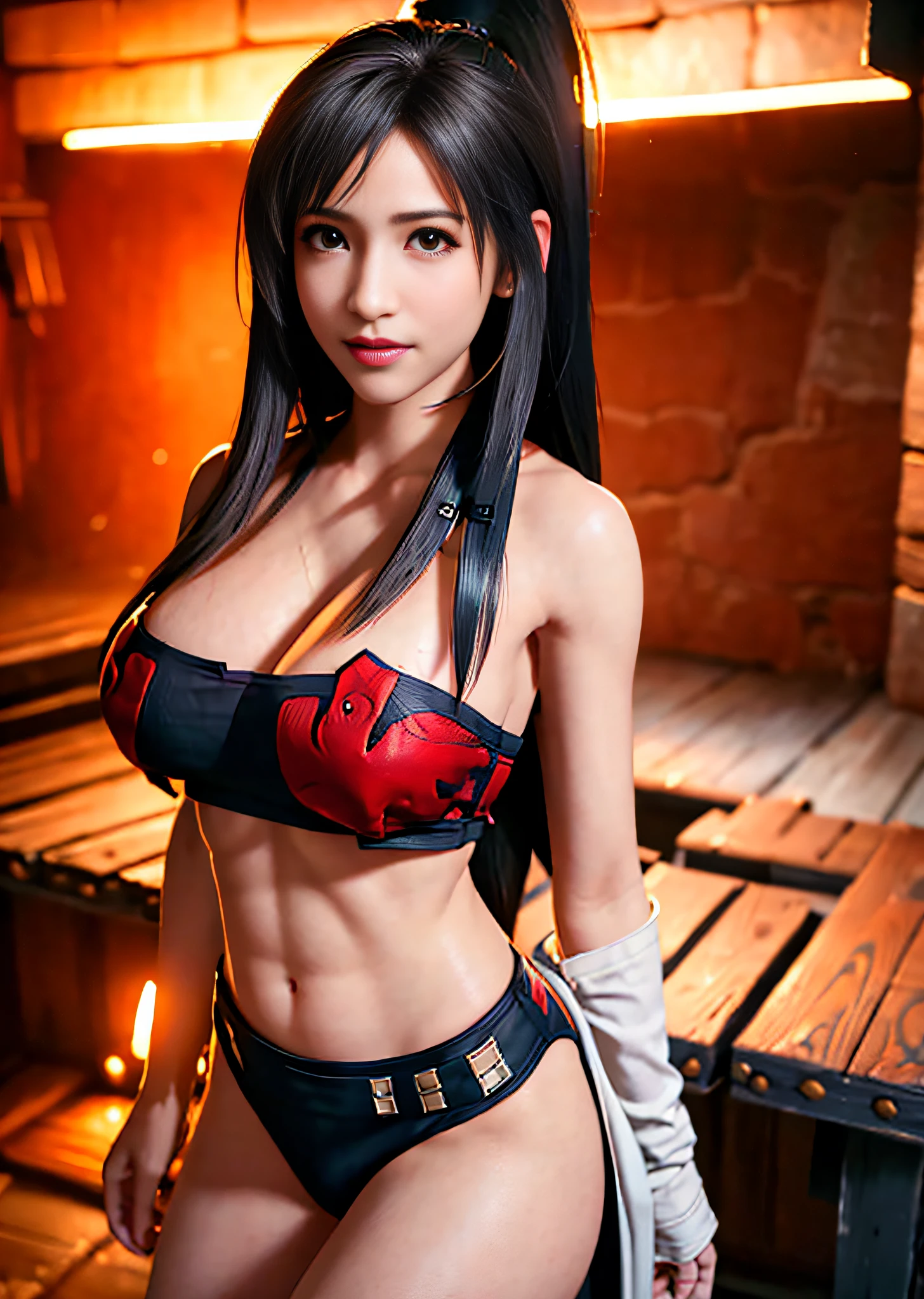 (photorealistic: 1.4), top quality, very delicate and beautiful, high resolution, 1girl, tifa_lockhart, smile, cowboy shot, low rise, (micro tubetop with less cloth area:1.5), (strapless:1.5), (underboob: 1.8), black hair, long hair, elbow gloves, beautiful detailed red eyes, Face light, cinematic lighting, navel, (highly revealing), abdomen exposure, ((ribs)), (abs), (gigantic breasts: 1.7), dynamic pose, dynamic angle, cleavage