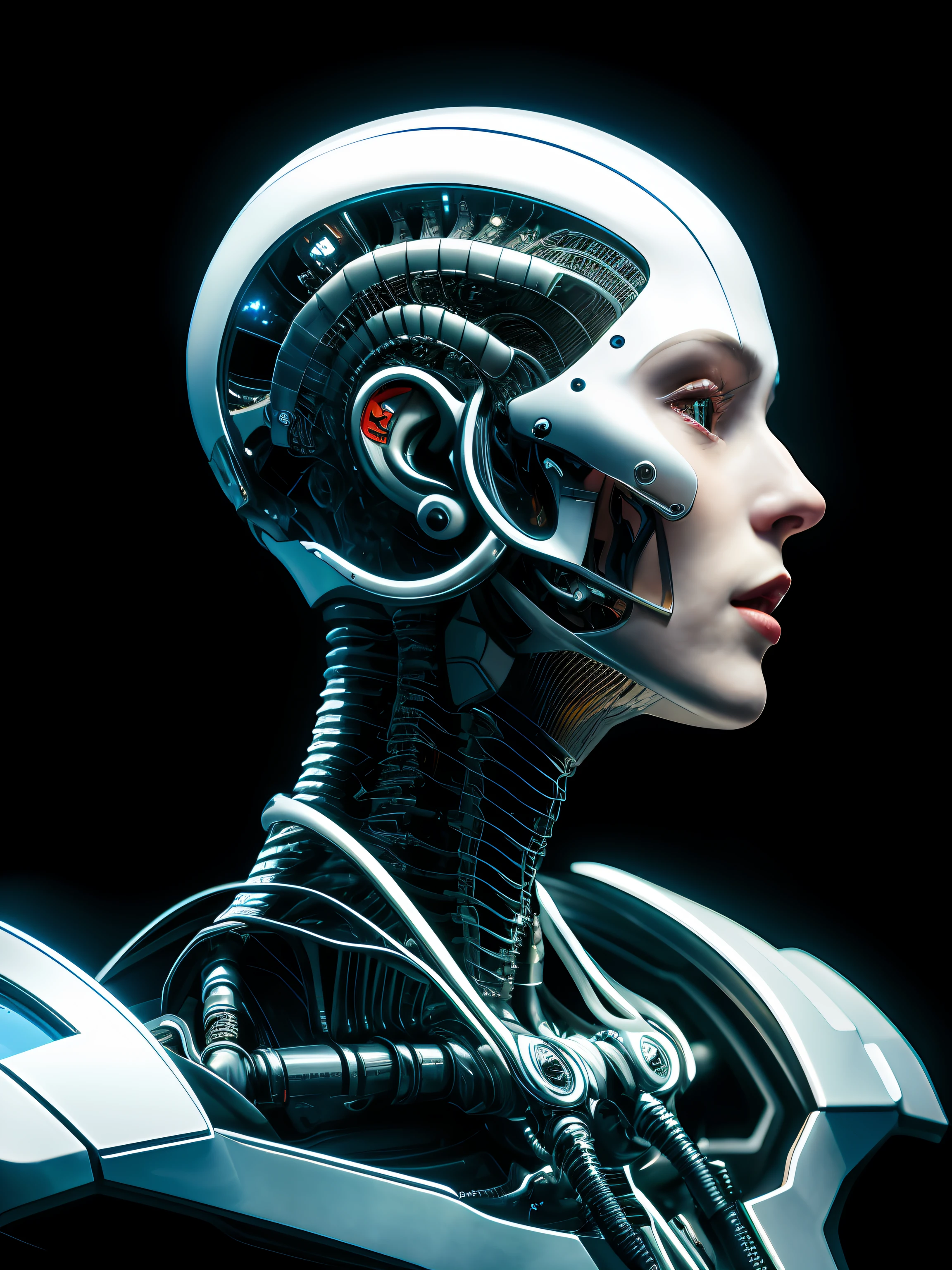 complex 3d render ultra detailed of a beautiful porcelain profile woman android upper body, closed mouth, cyborg, robotic parts, 150 mm, beautiful studio soft light, rim light, vibrant details, luxurious cyberpunk, lace, hyperrealistic, anatomical, facial muscles, cable electric wires, microchip, elegant, beautiful background, octane render, H. R. Giger style, 8k, best quality, masterpiece, illustration, an extremely delicate and beautiful, extremely detailed ,CG ,unity ,wallpaper, (realistic, photo-realistic:1.37),Amazing, finely detail, masterpiece,best quality,official art, extremely detailed CG unity 8k wallpaper, absurdres, incredibly absurdres, robot, silver halmet, full body,