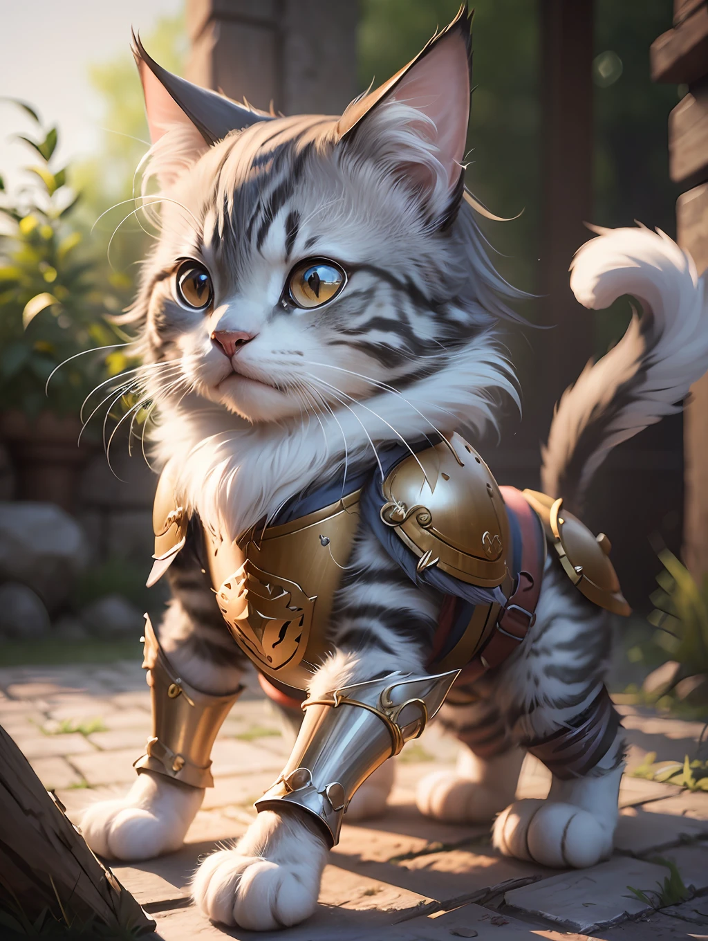 Super cute furry cat warrior in armor, realistic, 4K, super detailed, vray rendering, unreal engine, midjourneyart style --auto --s2