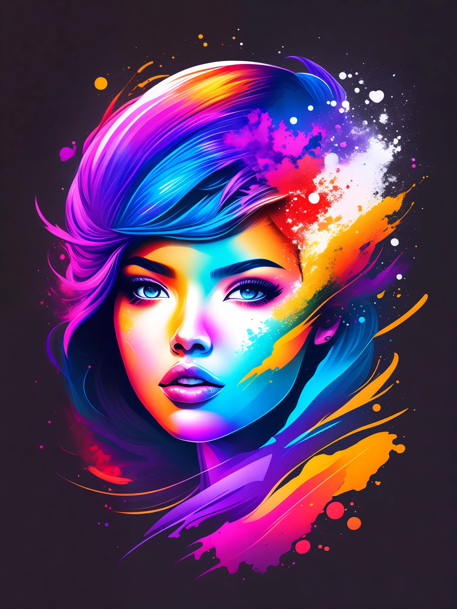 female face splash art, t-shirt design, rzminjourney, vector art, colorful