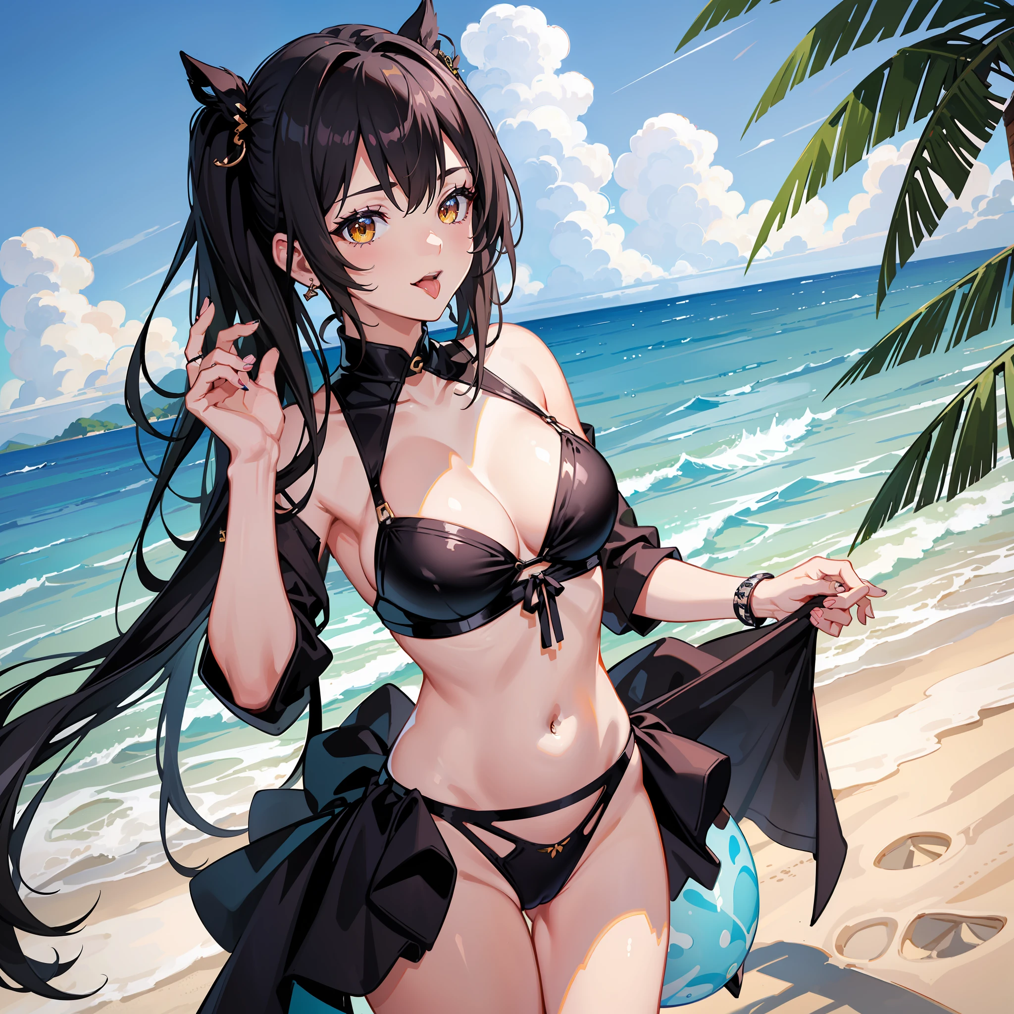 (Extremely detailed wallpaper of CG 8k unit), (masterpiece), (best quality), (ultra detailed), (best illustration), (high resolution), (best shadow), (sharp eyeliner), eye shadow, (detailed eyes: 1.2), (fivesevenswimsuit: 1), charming smile, 1 girl, twintail, (beach background), sexy body, back view, from behind, black hair, beach, palm trees, pull handle, tongue out, yellow eyes